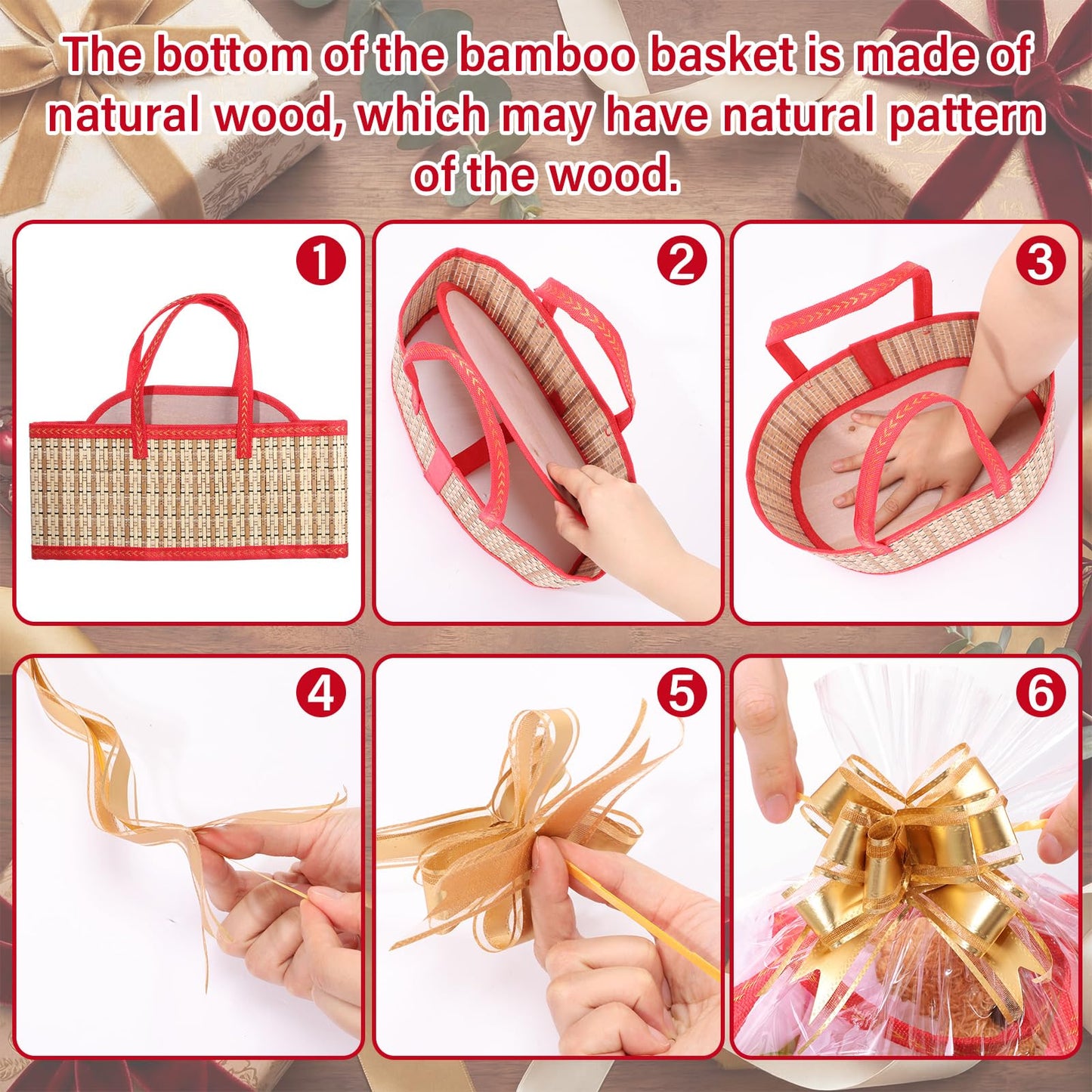 Reallnaive 1 Set Empty Gift Baskets to Fill, Elegant Bamboo Woven Basket with Handle, Includes Cellophane Wrap Bag and Pull Bows, Foldable DIY Gift Basket Kit for Baby Shower, Raffle, Gifts