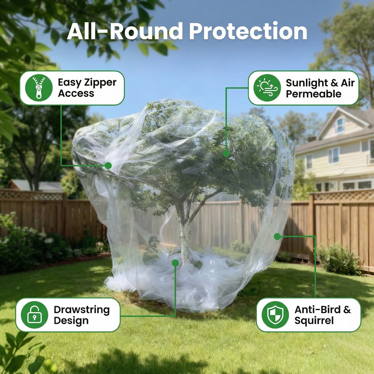 16x16Ft Extra Large Fruit Tree Netting Cover with Zipper & Drawstring, Garden Mesh Netting for Protecting Plants from Birds,Bug& Squirrels,Ultra Fine Weather Resistant Tree Netting