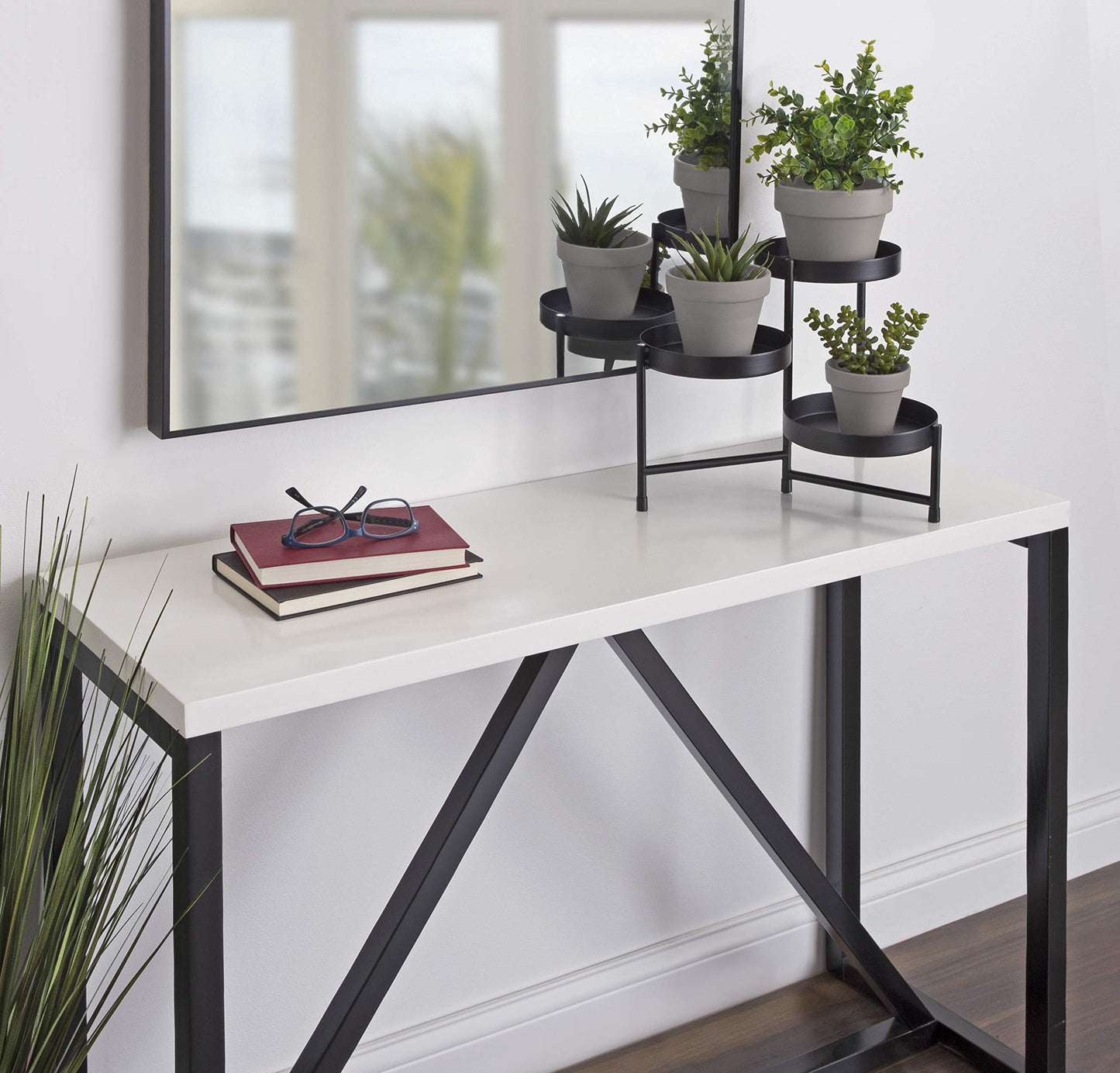 Kate and Laurel Finn Modern Tri-Level Metal Plant Stand, 7.25 x 7.25 x 10, Black, Indoor Multi-Tiered Plant Stand for Tabletop