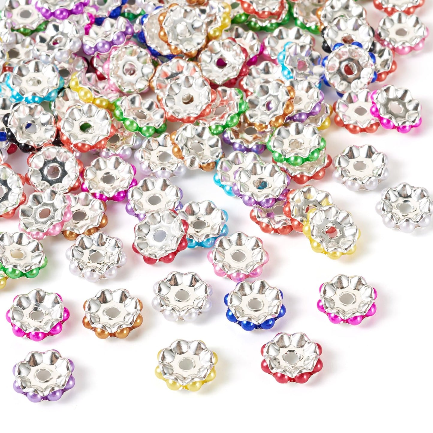 Beadthoven 100pcs Pearl Rondelle Spacers Beads for Pens 14mm Flat Round Large Hole Rhinestone Beads for Bracelet Plastic Pearls Crystal Focal Spacers for Jewelry Making DIY