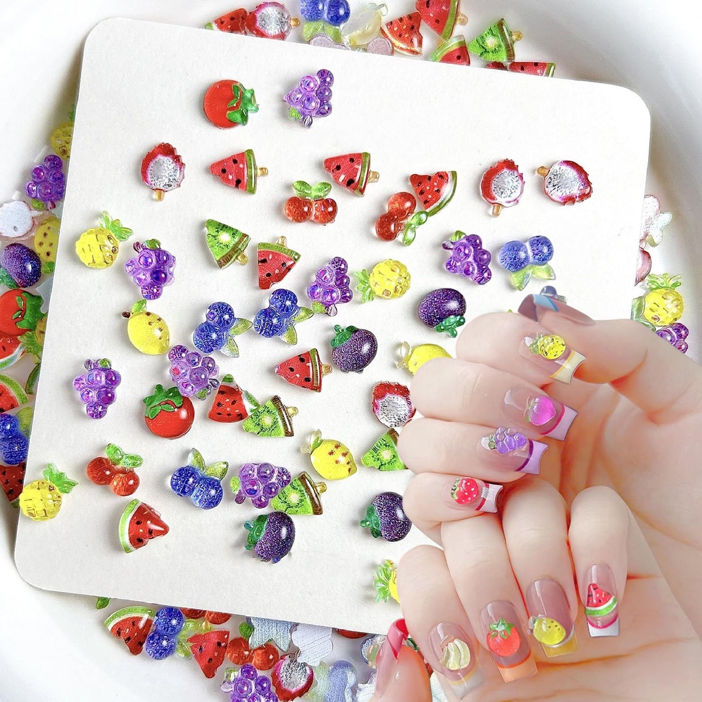 100PCS Resin Fruit Nail Art Charms 3D Kawaii Strawberry Nail Charms Assorted Cherry Lemon Grapes Peach Banana Watermelon Summer Flatback Nail Rhinestones for DIY Craft Nail Art Decoration