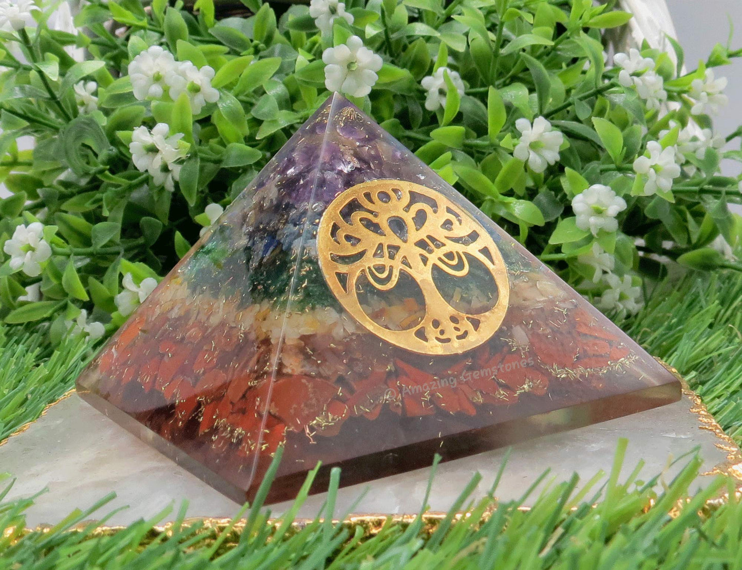 Amazing Gemstone Large Orgone Pyramid | Natural Chakra Pyramid Crystal | Tree of Life Orgonite Pyramid | Organ Pyramids Positive Energy Healing