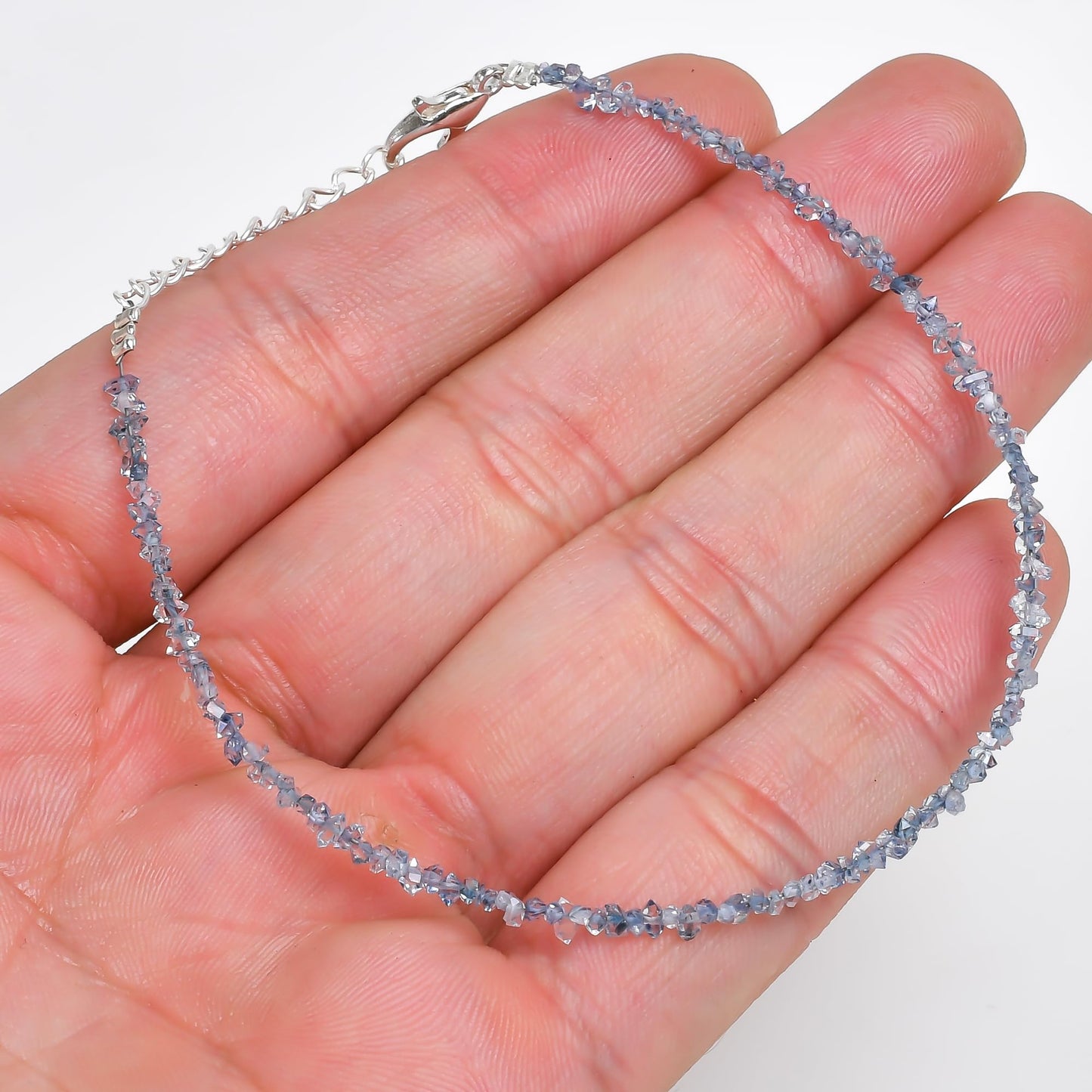 Gemkora Natural Blue Herkimer Diamond Quartz Crystal Bracelet Women Jewellery, Raw Chips Nuggets Beaded Bracelets, Bracelet, Special Event Jewellery, Silver Plated 8 inch Bracelets