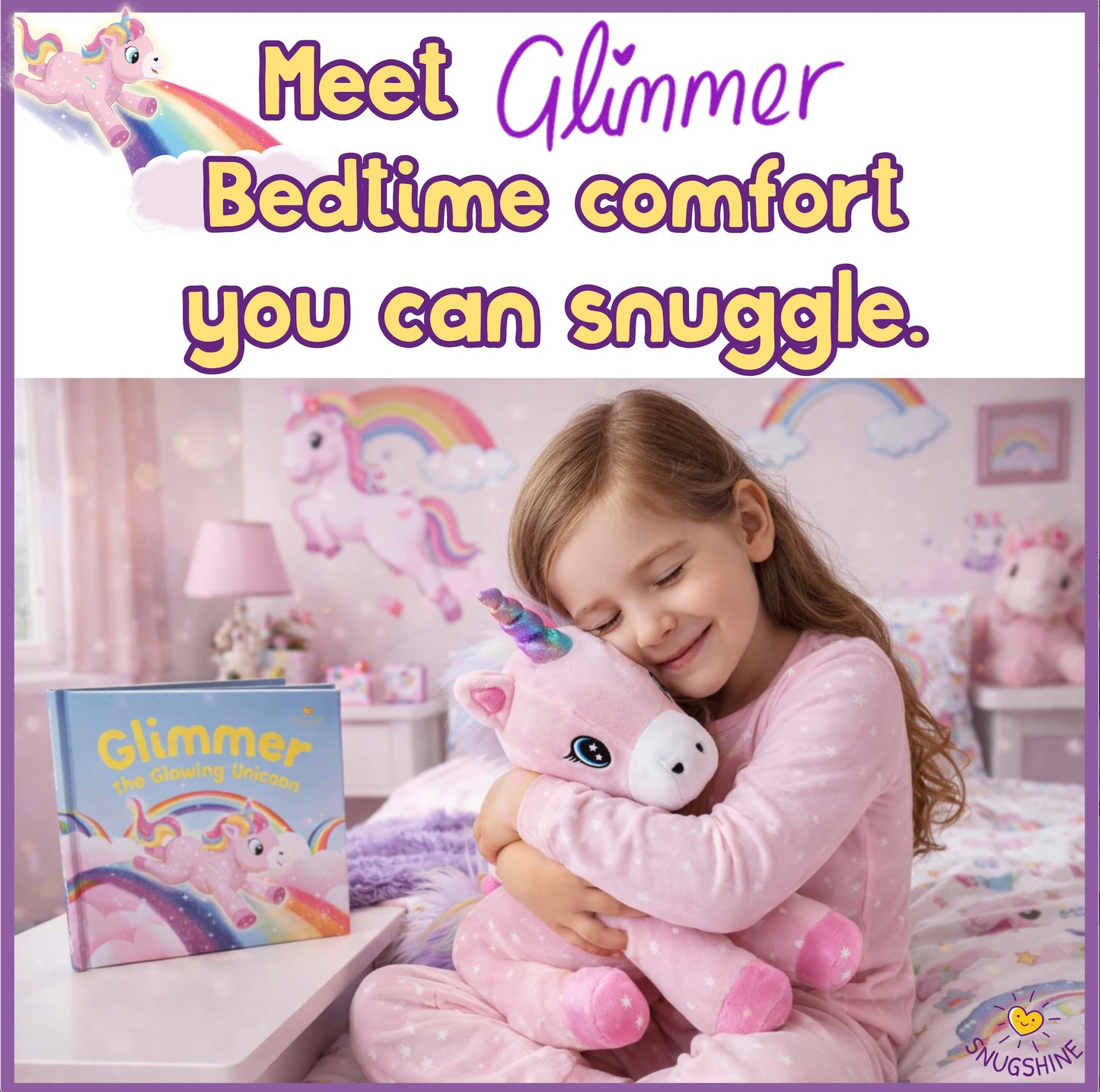 SNUGSHINE Glow in the Dark Unicorn Plush with Book & Flashlight Projector, 18 Inch Unicorn Stuffed Animal and Book Set, Light Up Toy Stuffies for Girls Gift Set, Bedtime Help Sleep Aid