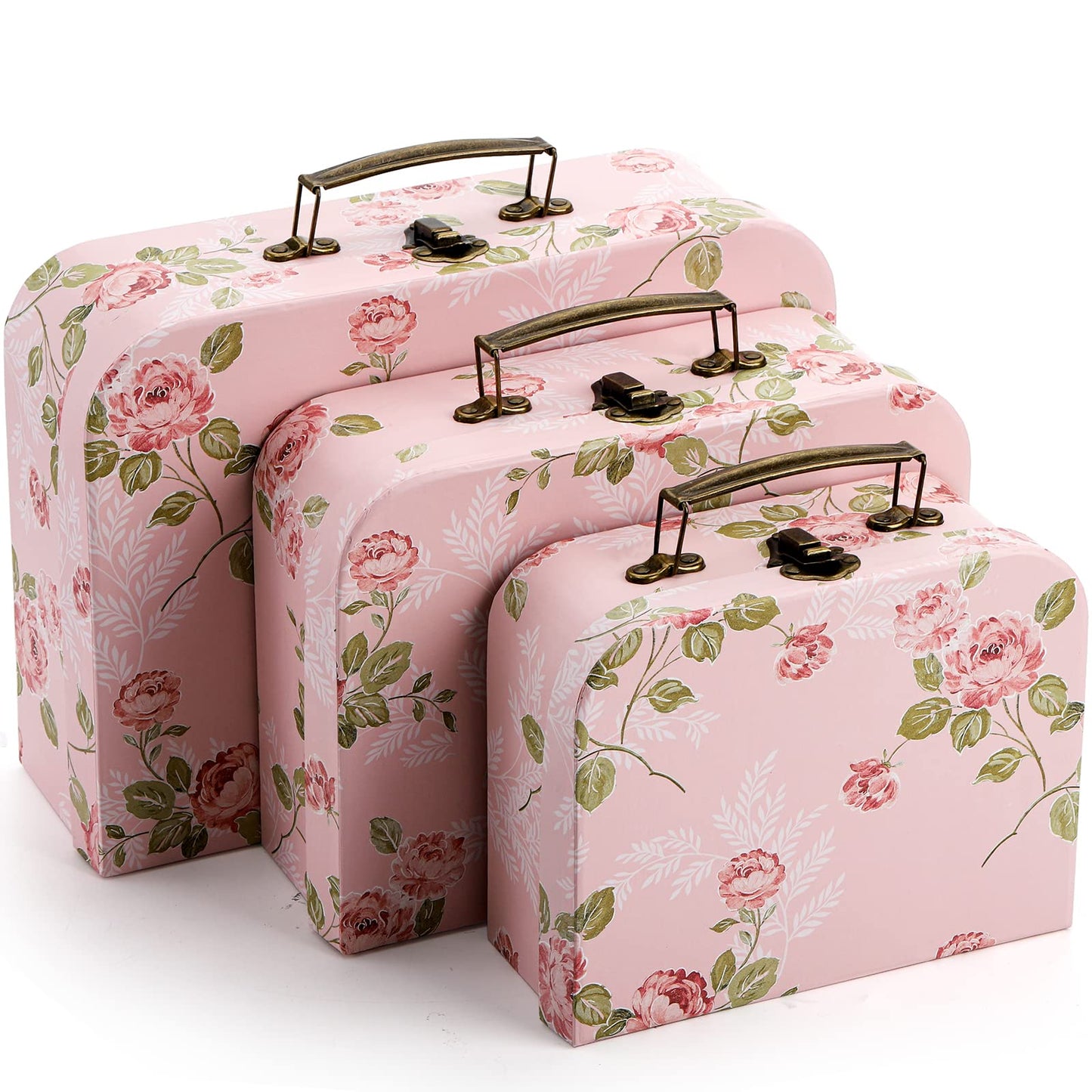 Fasmov 3 Pack Paperboard Suitcases Storage Box Decorative Storage Boxes Gift Boxes With Lids for Photo Storage Home Decoration, Wedding, Birthday, Anniversary, Pink