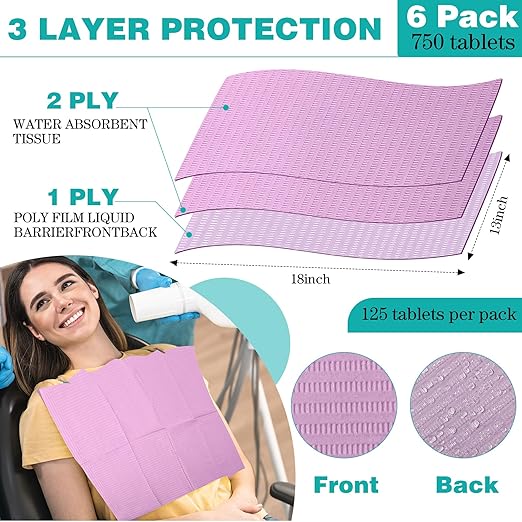 Newwiee 750 Pcs Disposable Dental Bibs Bulk Waterproof Tattoo Sheet Patients for Lash Nail Art Tray Cover 13" x 18"(Purple)