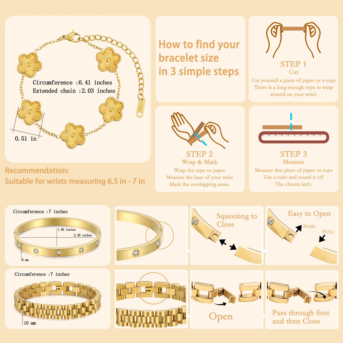 YOQ Stackable Four Leaf Clover Bracelets for Women, 18K Gold Plated Love Bangle Bracelets Set, 3 Pcs Charm Jewelry Gifts (Gold)