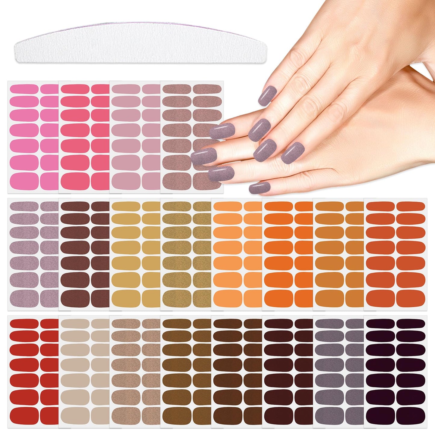 YECIRALA 20 Sheets 280 Pieces Solid Nail Polish Strips for Women Girls - Gel Stickers Full Wraps in Pink Brown Orange With File - Stick On Nails