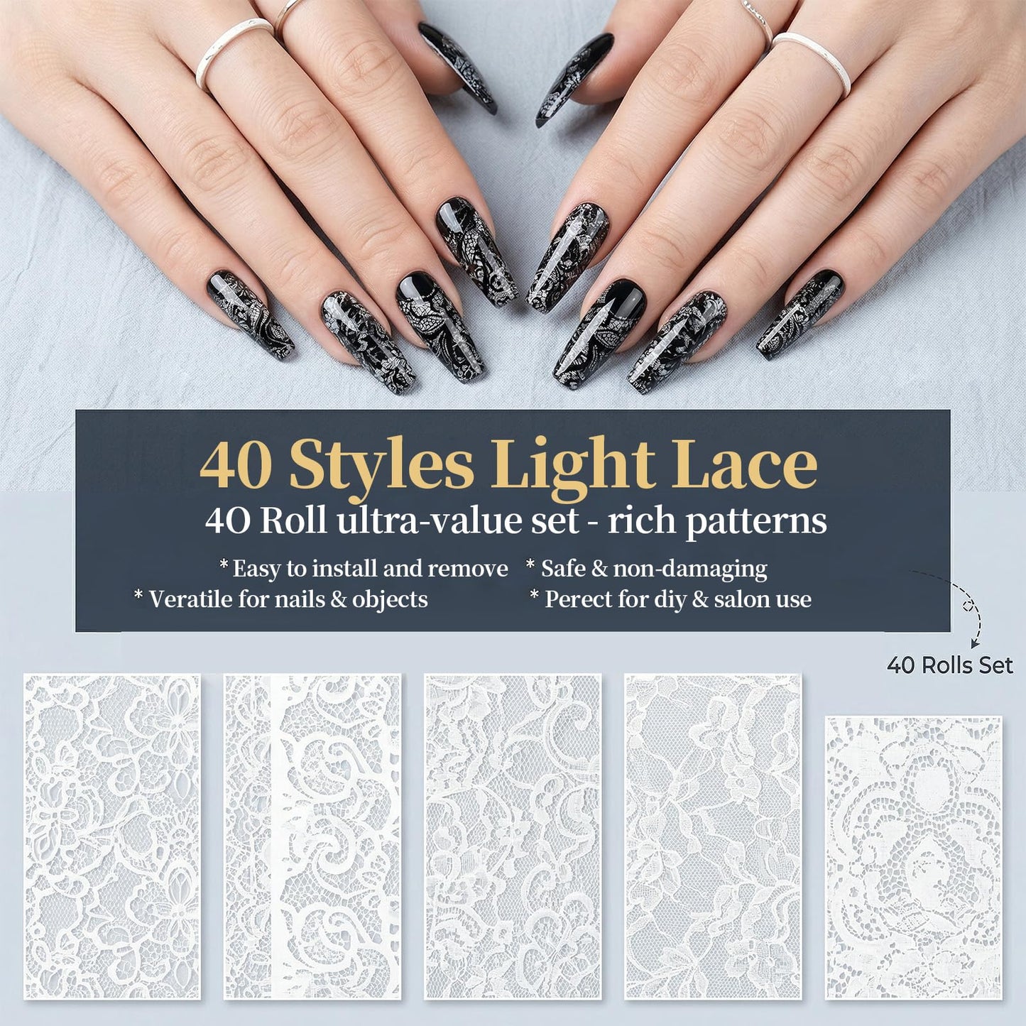 Aiuulu 40 Rolls Lace Nail Foil, Holographic Lace Transfer Foil Sheets for DIY Nails Art, 4 Boxes Black & White Transfer Stickers Flower Decals