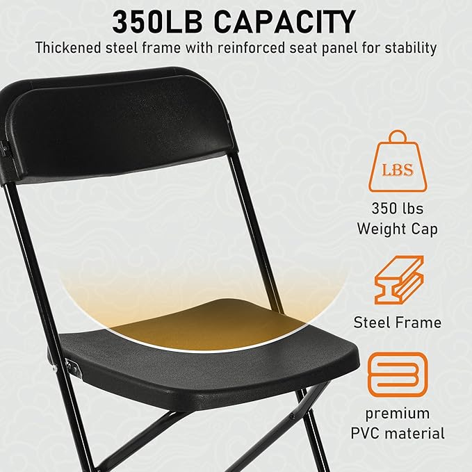 SEALAMB Plastic Folding Chairs 10 Pack, Black Commercial Portable Indoor/Outdoor Chairs for Home Office, Wedding, Events Parties with Steel Frame, 350lbs Capacity (Black-Plastic, 10 Pack)