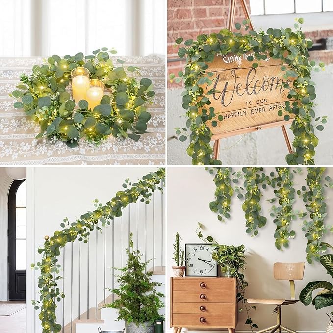 N&T NIETING 1 Pack Artificial Eucalyptus Garland with Lights, 6FT Artificial Greenery Garlands, Battery Operated Twig Vine for Room Stairs Mantle Wedding Holiday Easter Decoration Indoor Outdoor