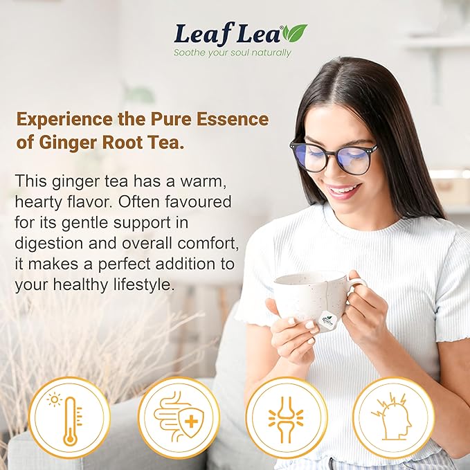 LeafLea 100% Pure Ginger Root Tea Bags – Spicy & Warming Herbal Tea, Supports Digestion & Immune Health, Individually Wrapped, Non-GMO, Caffeine Free, Sugar Free, No Gluten