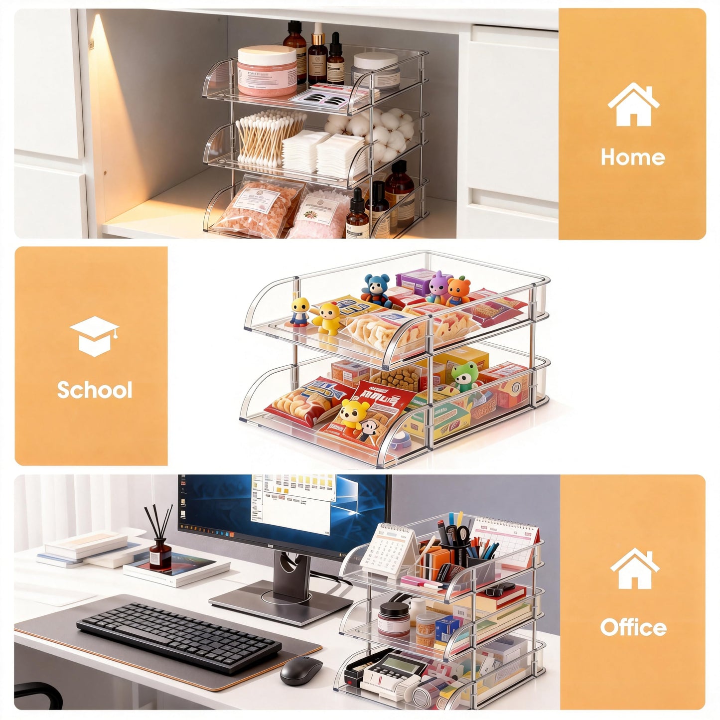 Desk Organizer and Storage,3-Tier File Paper Tray Organizers,Stackable Clear Desktop Organizer for Documents,Book Magazine Storage,Office Supplies (Clear,3 Pack)