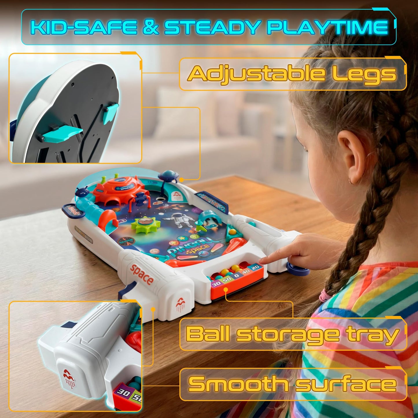 OLEOCA Space Pinball Machine — Tabletop Arcade Game with Obstacles, Pull-Rod Launcher, Flippers, UFO Targets & Astronaut Theme, 1-2 Player Mini Pinball for Kids