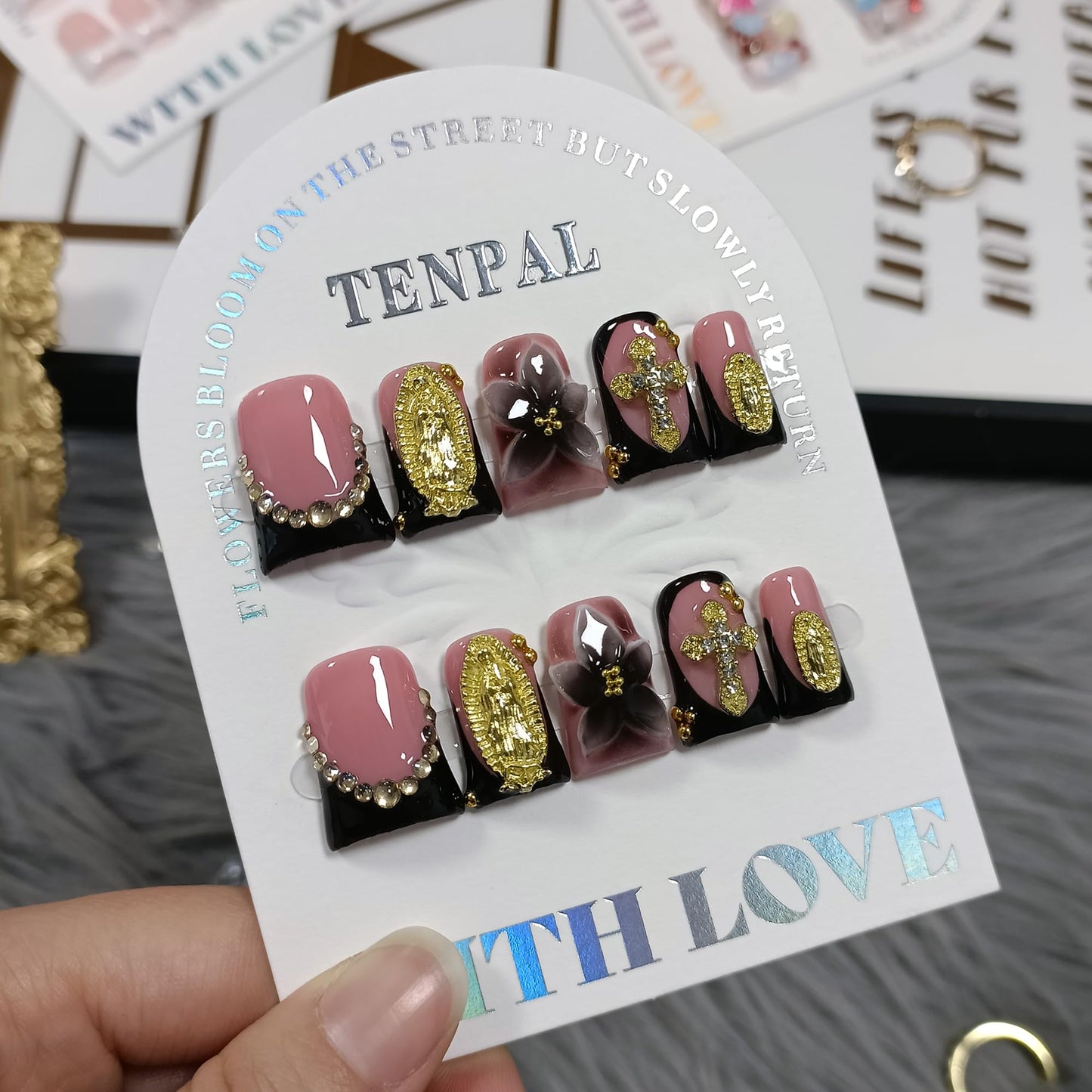 TENPAL Duckbill Press on Nails - Black Pink French with 3D Cross & Saint Charm | Ornate Handmade False Nails | Gothic Y2K Style(L)