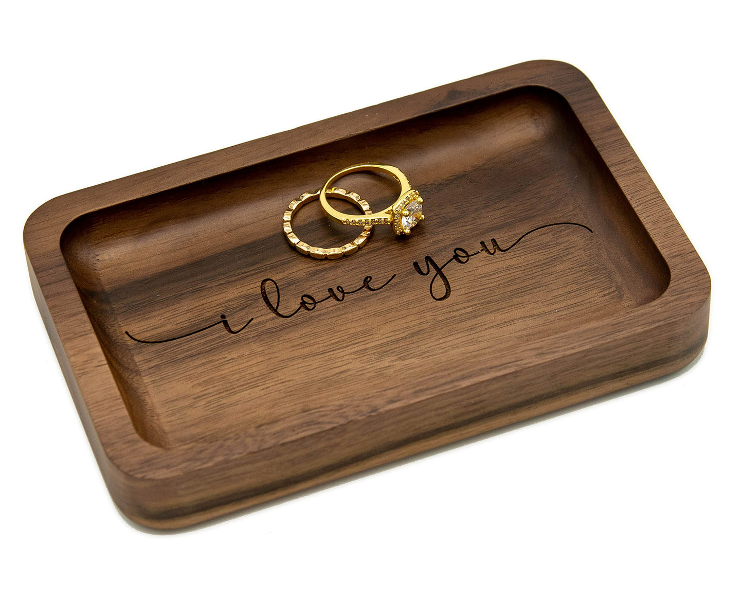 MUUJEE I love you Ring Dish - Engraved Rectangle Wood Tray Small Jewelry Dish 5 Year Wedding Anniv Gifts Ideas - 5.5" x 3.5" (I Love You)
