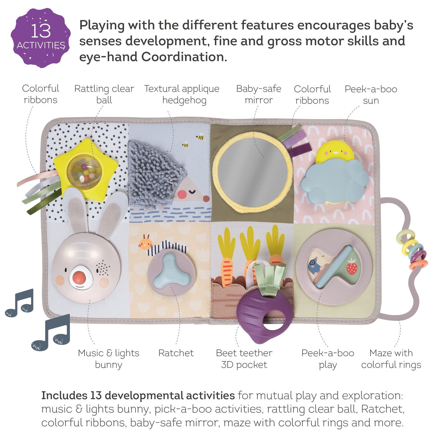 Taf Toys Newborns & Toddlers Busy Board with Music & Lights 13 Montessori Activities Baby Safe Mirror, 3D Activities, Textures & a Baby Teether Develops Motor Skills, Senses & Eye Hand Coordination