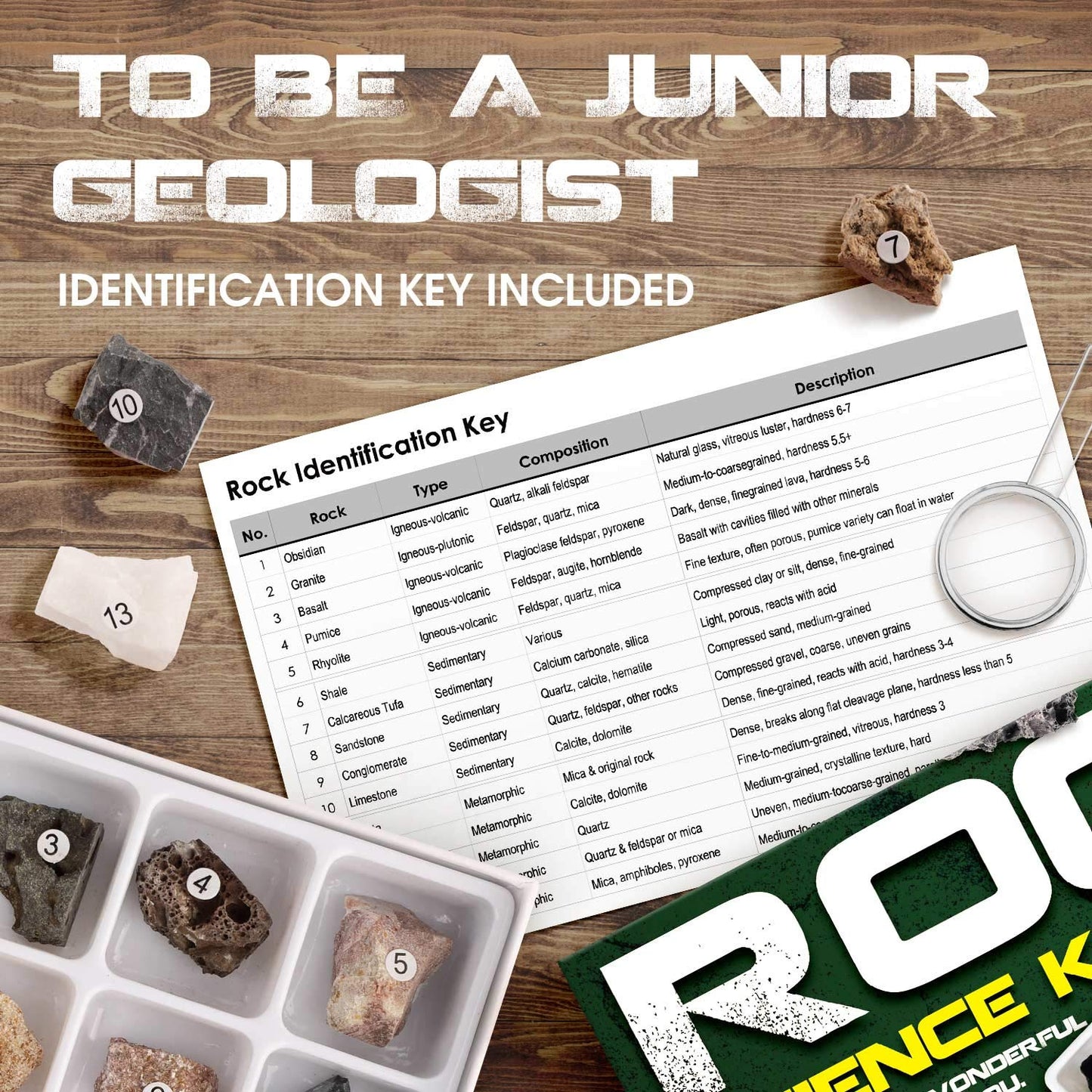 Rock & Stone Collection 15 PCS with Collector Box, STEM Toy Science Kit Geology Mineral Specimens Gift Presents for Kid Geologists