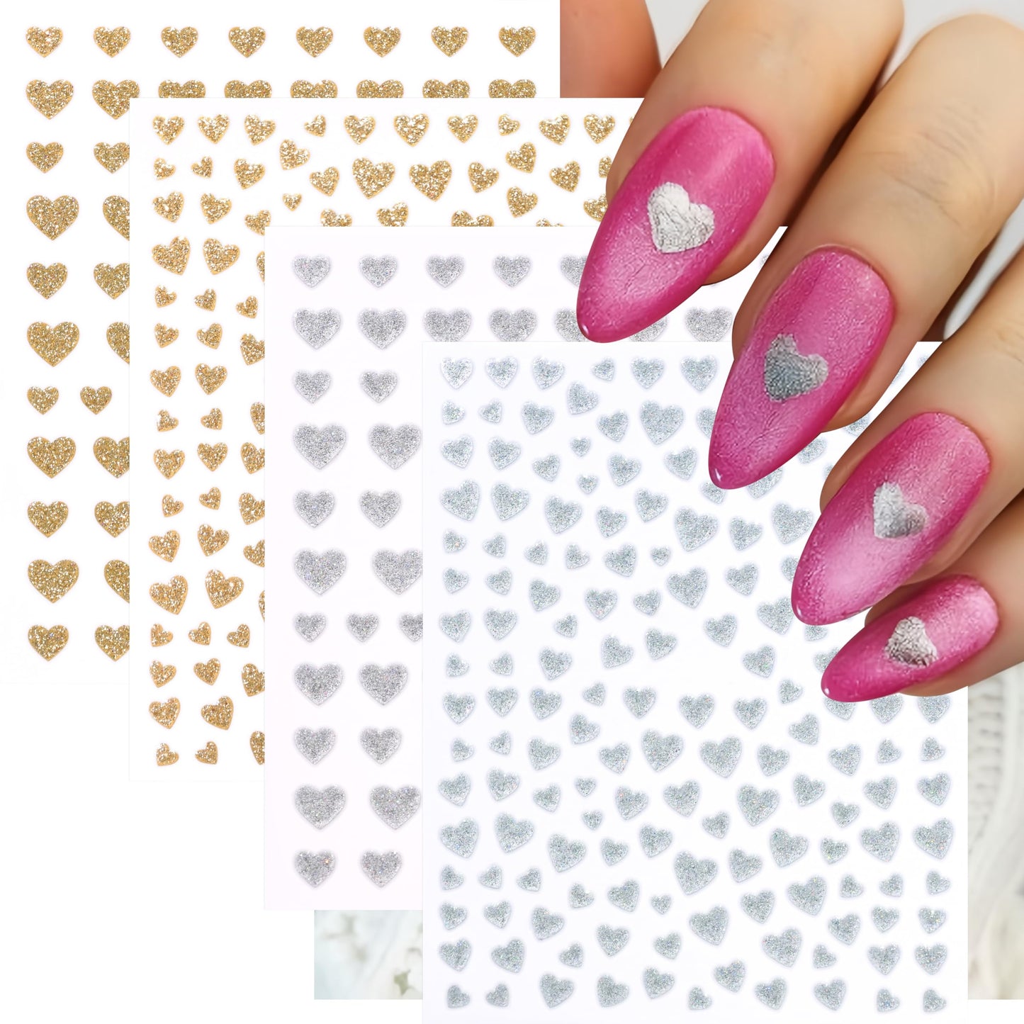 10Pcs Heart Nail Art Stickers Decals 3D Shiny Glitter Love Hearts Self Adhesive Shining Glitters Powder Effect Valentines Heart Nail Design for Lovers Romantic DIY Nail Decoration Manicure Accessories