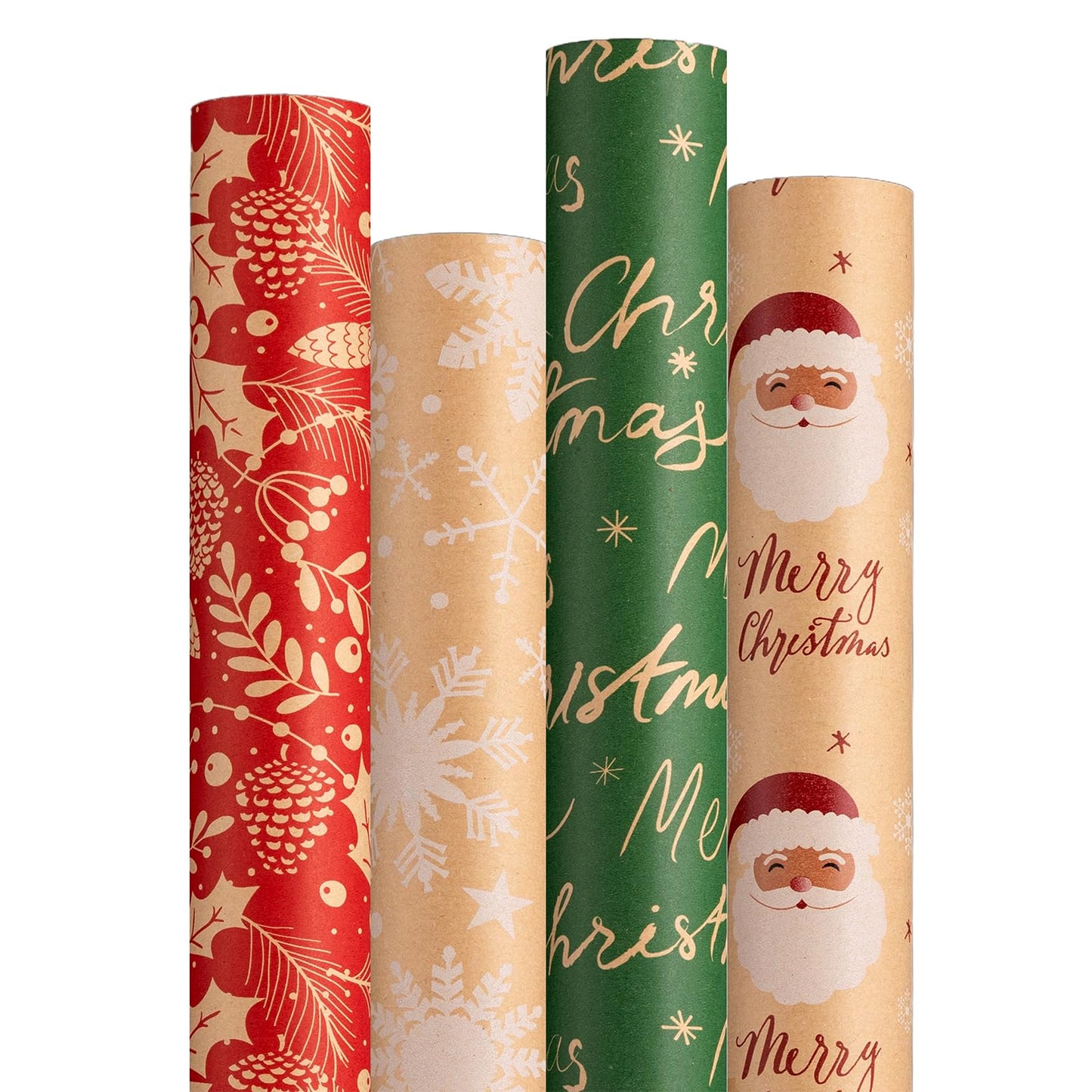 Christmas Kraft Wrapping Paper (4 Rolls, 93 sq. ft. ttl) Santa Claus, Snowflakes, Merry Christmas Script, Pinecones and Foliage Patterns for Holiday Gift Wrap - 17 Inches x 16.5 Feet Per Roll