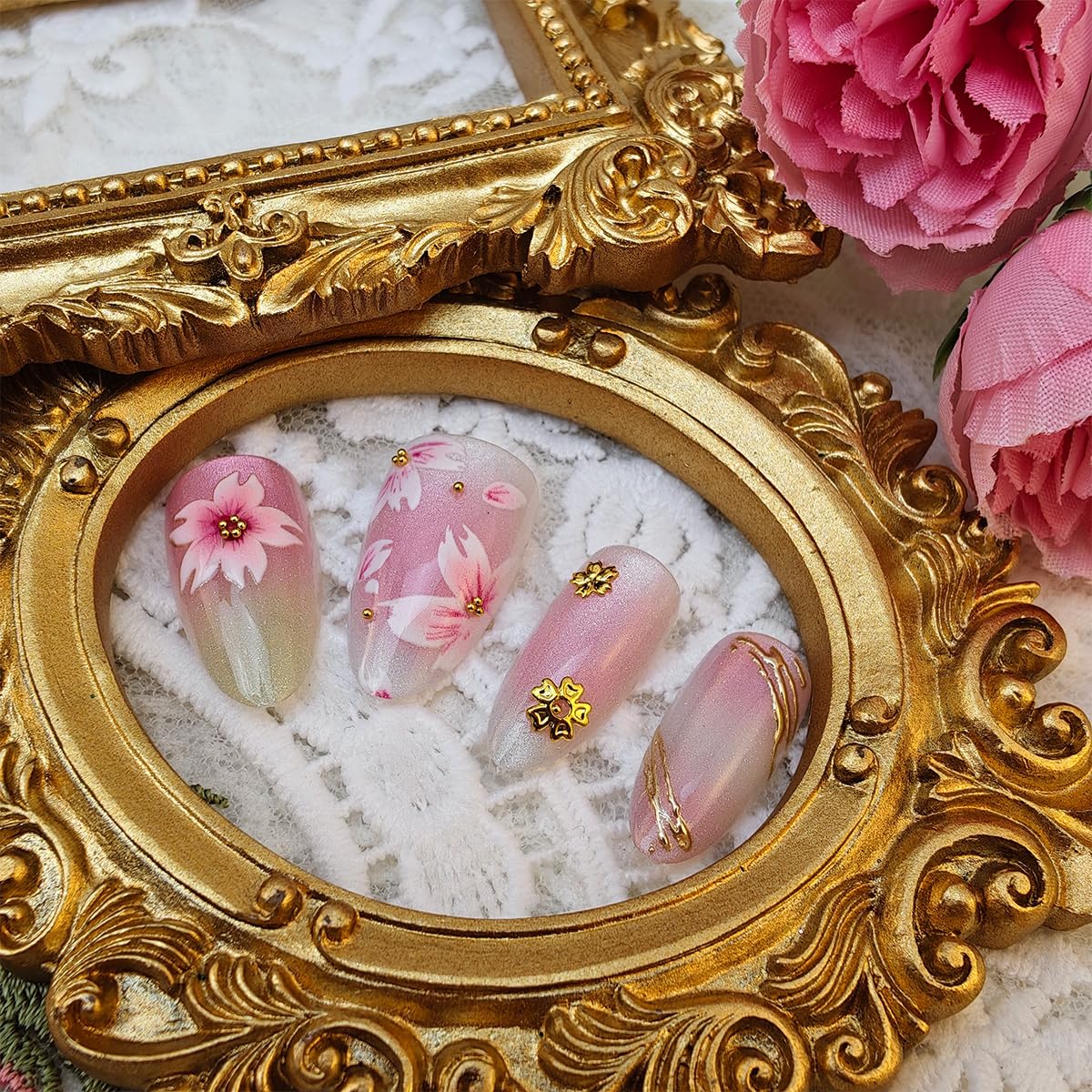 30Pcs Pink Flower Press on Nails Almond Medium Cherry Blossoms Fake Nails with 3D Flowers Gold Beads Design Cute Glue on Nails Spring Acrylic Nails Full Cover Peach Blossoms False Nails for Women