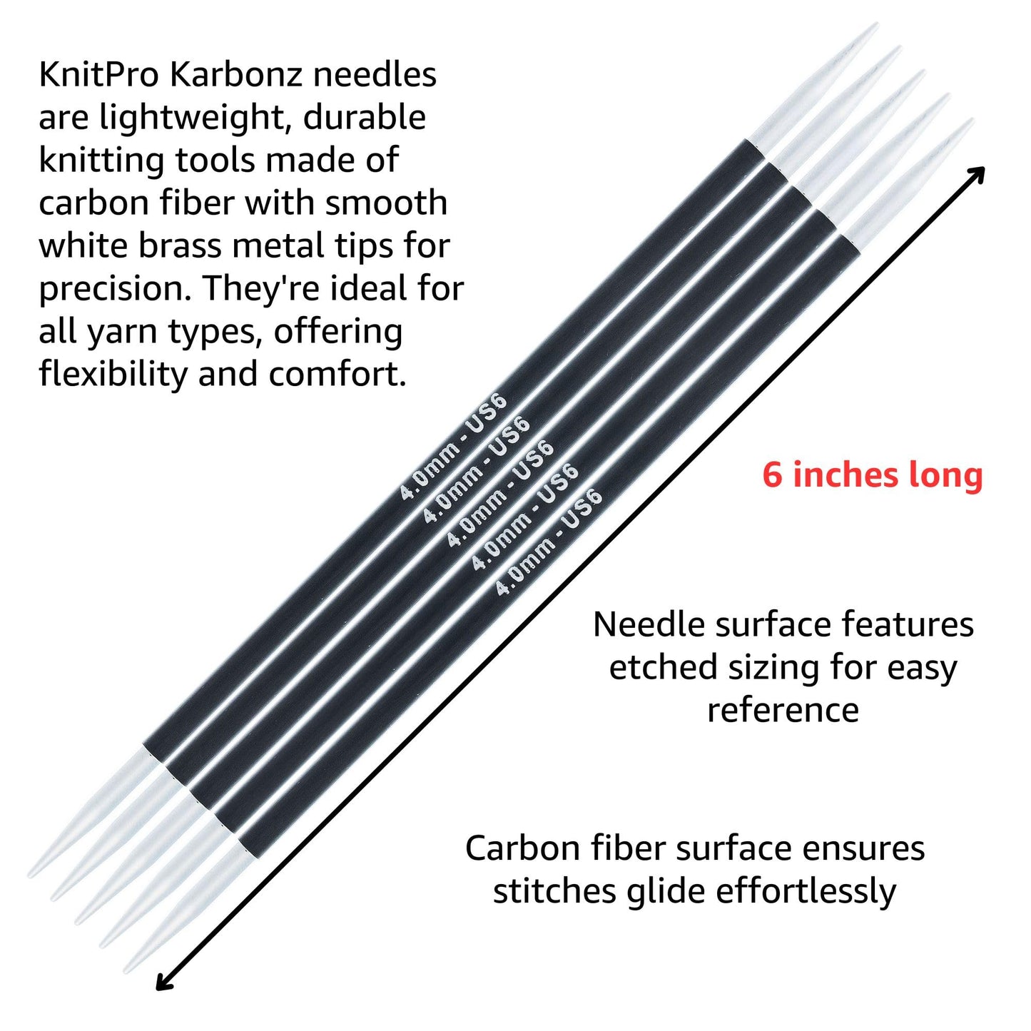 KnitPro Karbonz Deluxe Set 6 inch DPN Double Pointed Needles Size 0, 1, 1.5, 2, 2.5, 3, 4, 5, 6 with Fabric Case with Project Bag