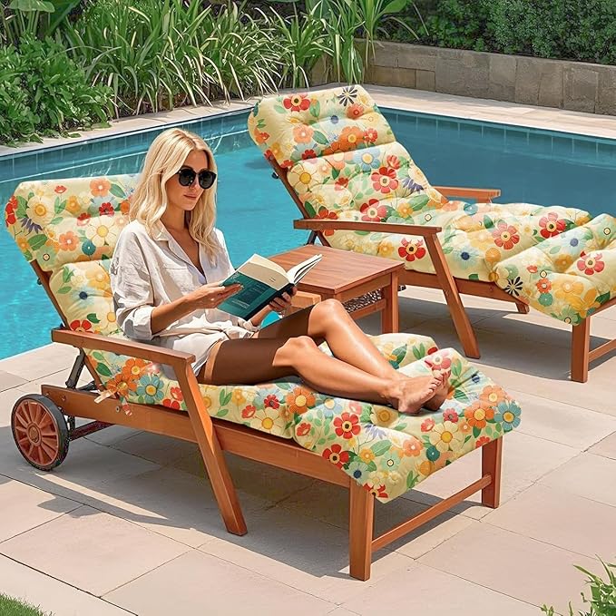 Outdoor Chaise Lounge Chair Cushion 75.1 x 22.8 x 4.7 Inches 100% Waterproof Replacement Cotton Patio Pool Lounge Chair Cushion for Outdoor Furniture with Ties, Daisy