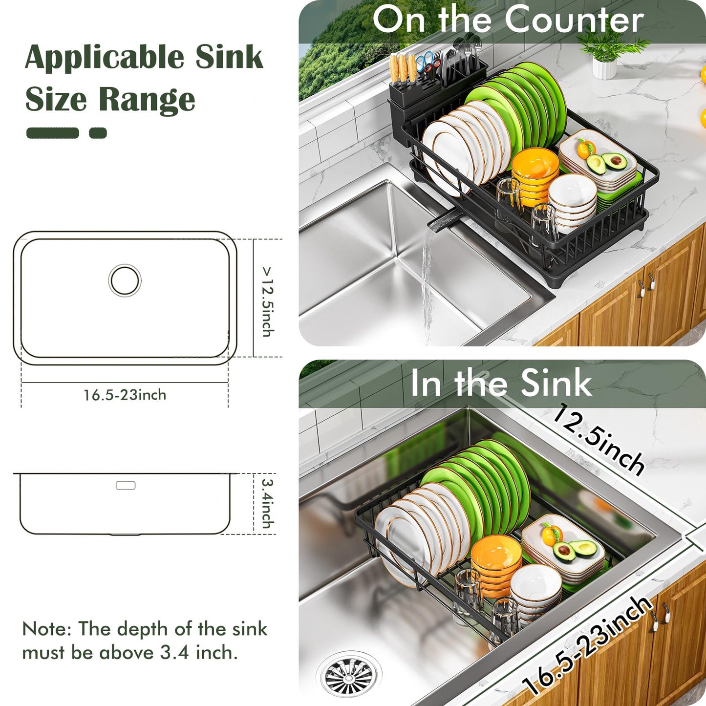 Kmiectse Dish Drying Rack - Space-Saving Small Dish Rack for Kitchen Counter, Rust-Resistant Kitchen Drying Rack, Compact Dish Drainer Organizer with Utensil Holder for Home Kitchen, Black