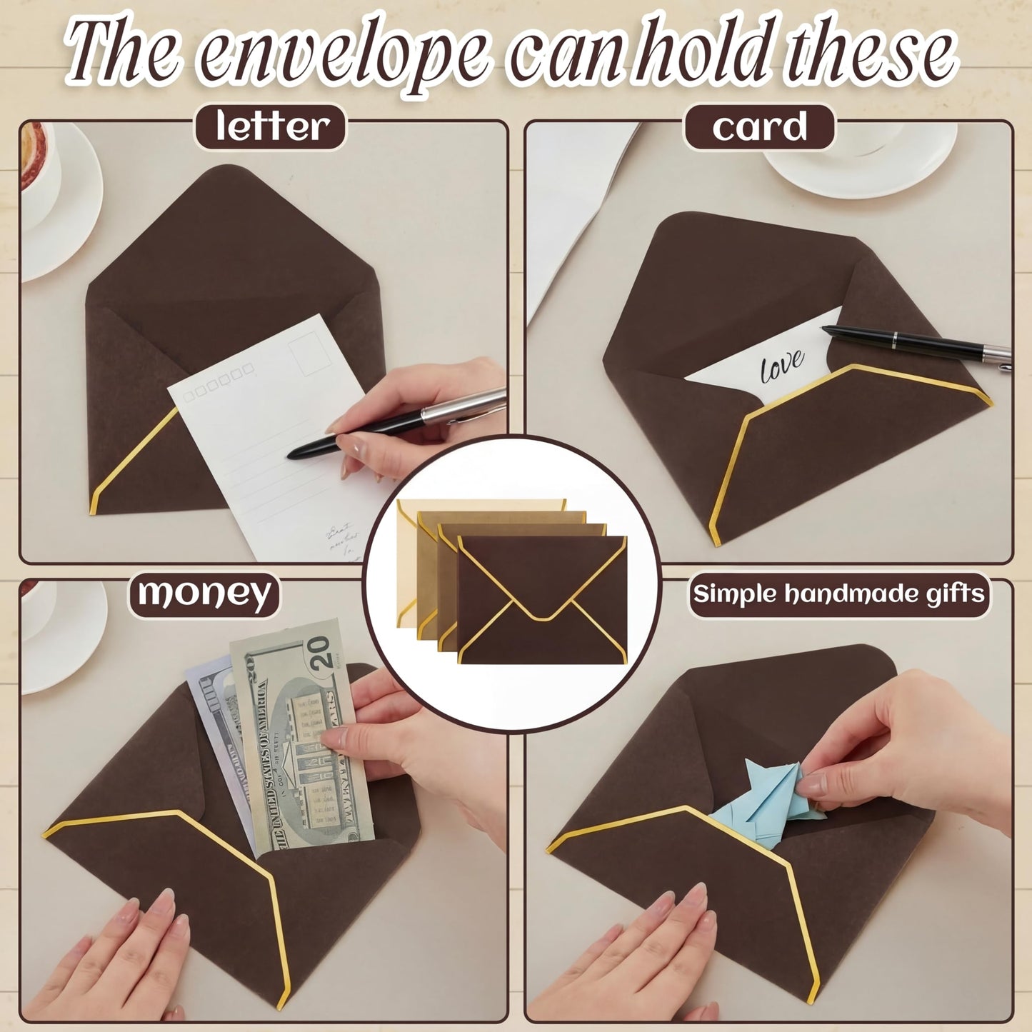 Cholemy Brown 4 x 6 Envelopes 50 Pack A6 Card Envelopes with Gold Border, 180 Gsm Self Adhesive V Flap Invitation Envelope for Wedding Bridal Shower Birthday Greeting Graduation Mailing Funeral