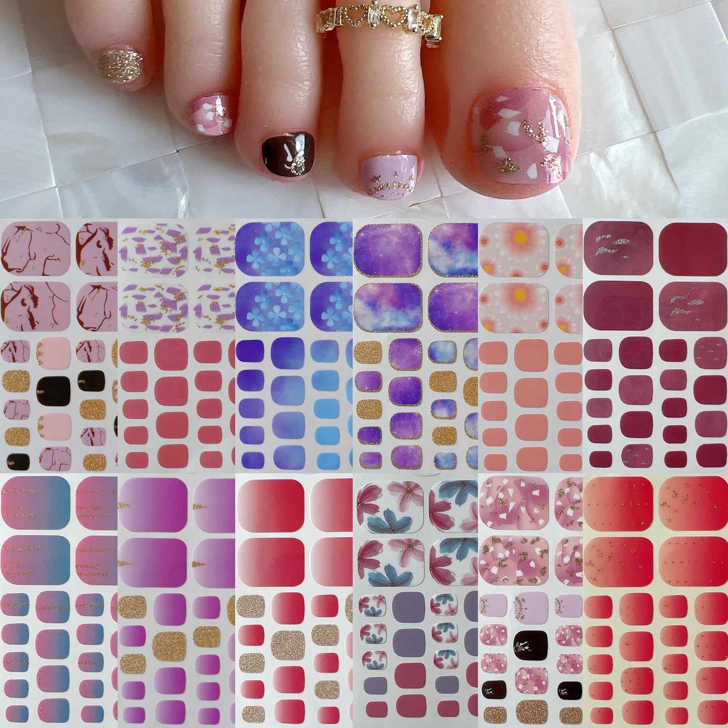 Nail Angel 1set Toe Nail Wraps, Full Cover Stickers, Pure Color Collection, Summer Beach Style Pedicure, Multiple Colors (FOOT016-12PCS)