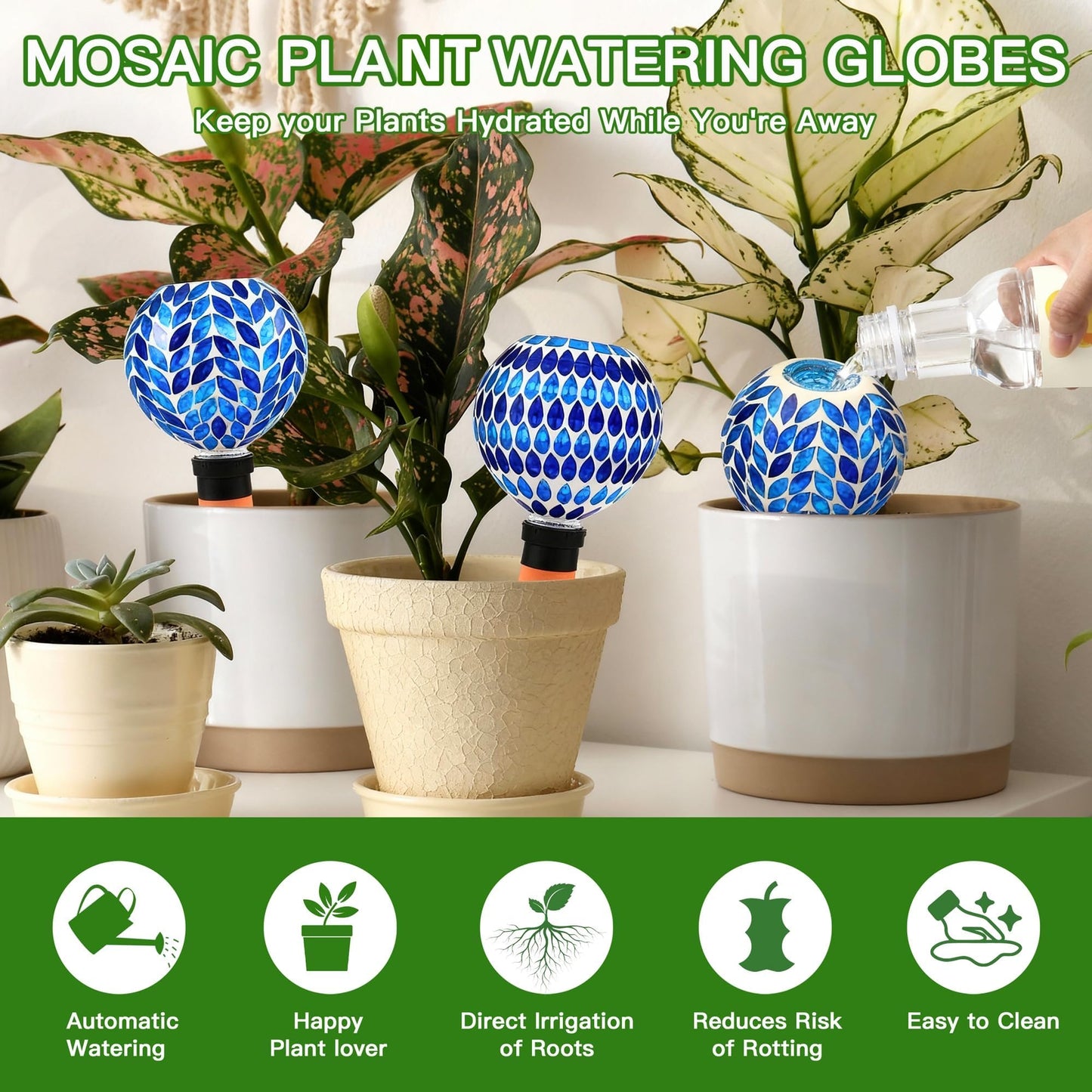 VOREEN Blue Mosaic Self Watering Globes 2 Pack, 500ml Handmade Glass Terracotta Plant Spikes, Automatic Self Watering Devices for Indoor Outdoor Pots, Decorative Water Saver Gift for Garden Lovers