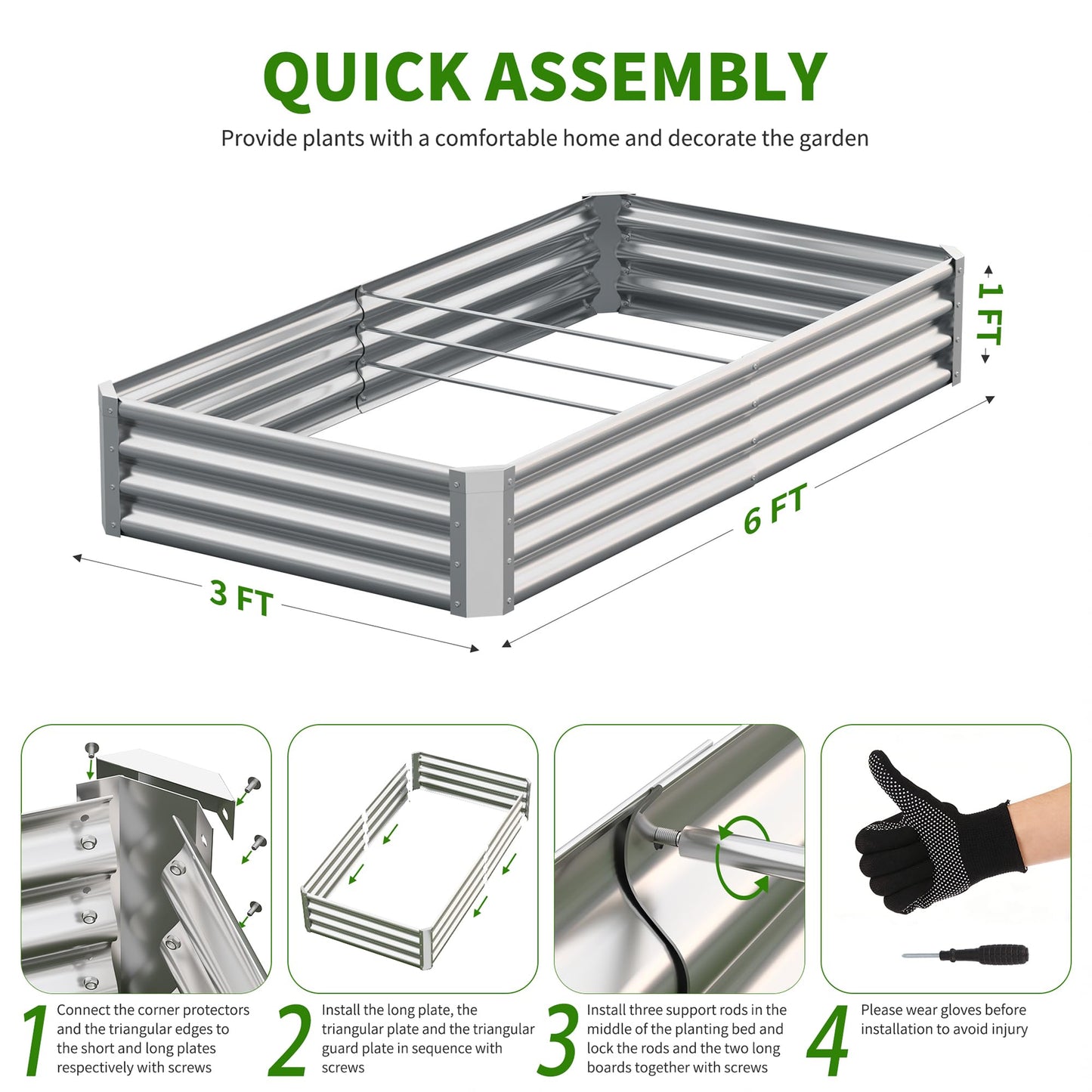 Anmiro Galvanized Raised Garden Bed,Outdoor Planter Box Metal Patio Kit Planting Bed for Vegetables Flowers Herb (Galvanized, 6x3x1ft-2p)