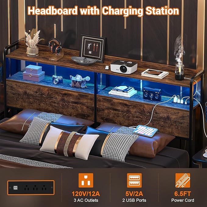 Aheaplus Headboard for Queen Size Bed Frame, Headboards with Outlets, USB Ports and LED Light, Head Board with Storage, Height Adjustable, Sturdy and Stable Headboard, Queen Size, Rustic Brown