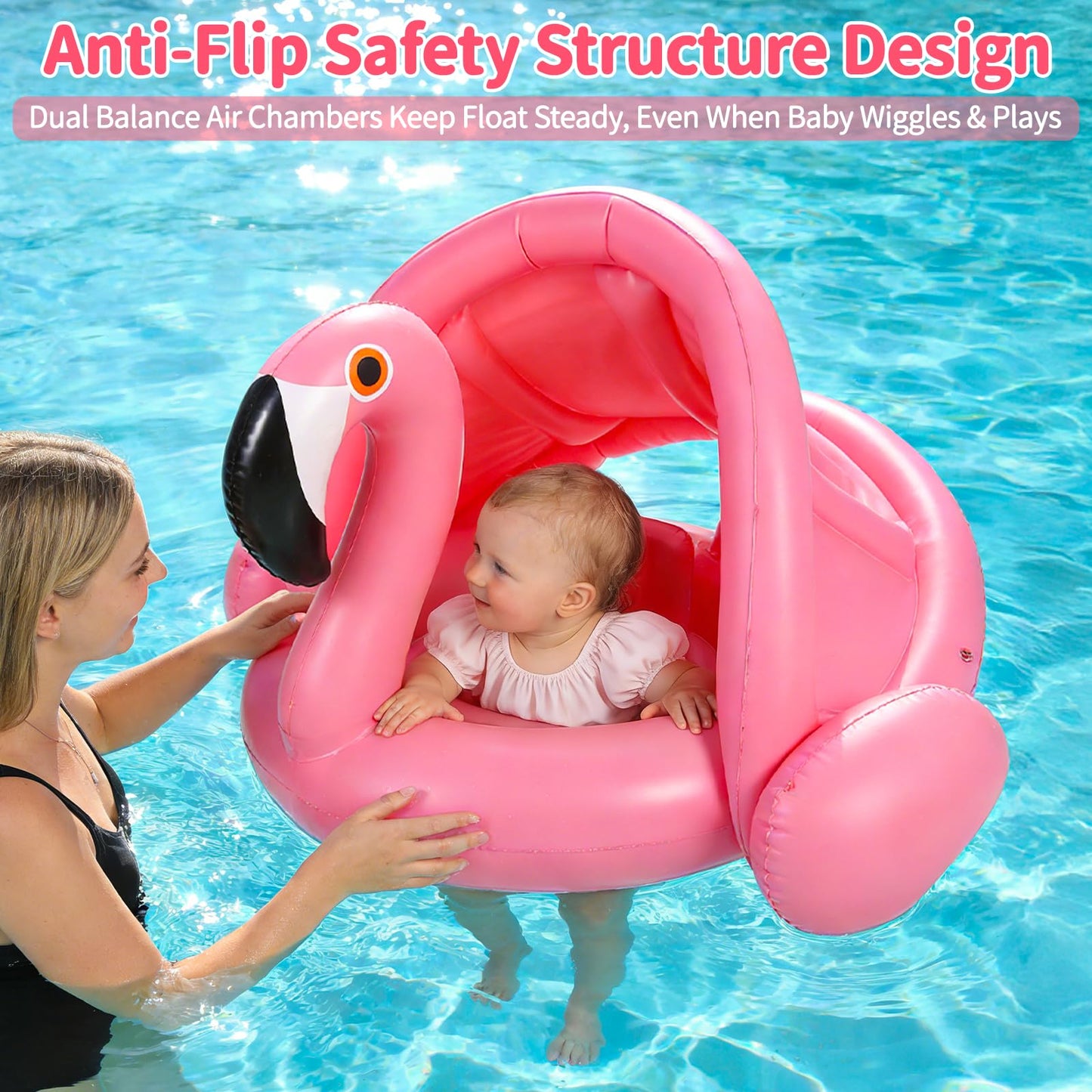 Flamingo Baby Pool Float with Canopy UPF 50+,Toddler Pool Float with Removable & Adjustable Sunshade,Inflatable Baby Swim Float with Back Holder for 8-36 Months Girls Boys Summer Essentials
