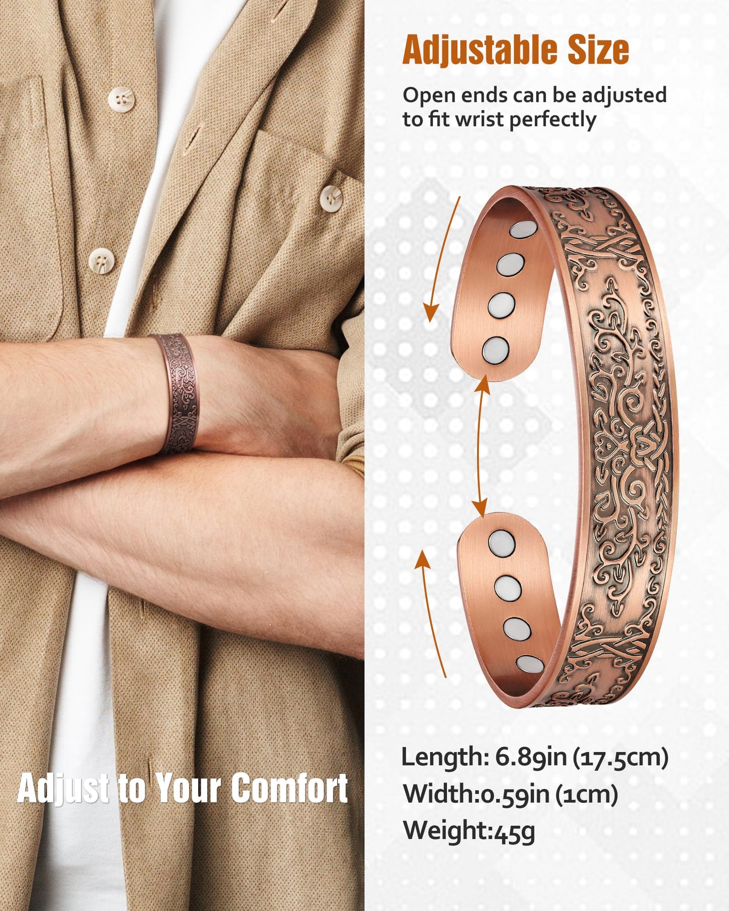 Jecanori Copper Bracelet for Men, 12X Strength Mens Magnetic Bracelets with 3,800 Gauss Magnets, 99.99% Pure Solid Copper Jewelry Gift