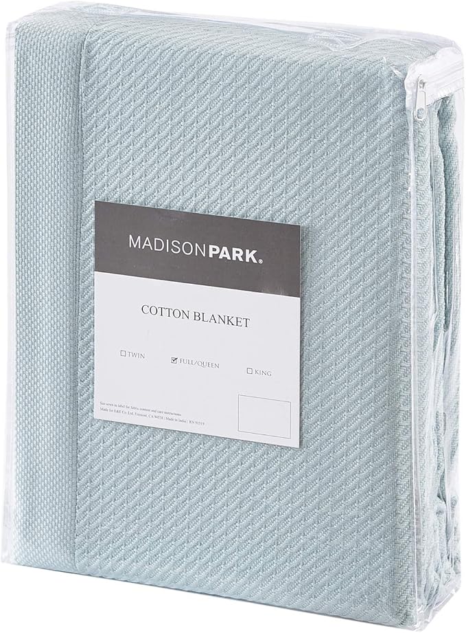 Madison Park Soft Certified 100% Egyptian Cotton Breathable Cozy Blanket, Waffle Knit Classic Design, Luxury All Season Lightweight Cover for Bed, Couch and Sofa, Light Blue Full/Queen(90"x90")