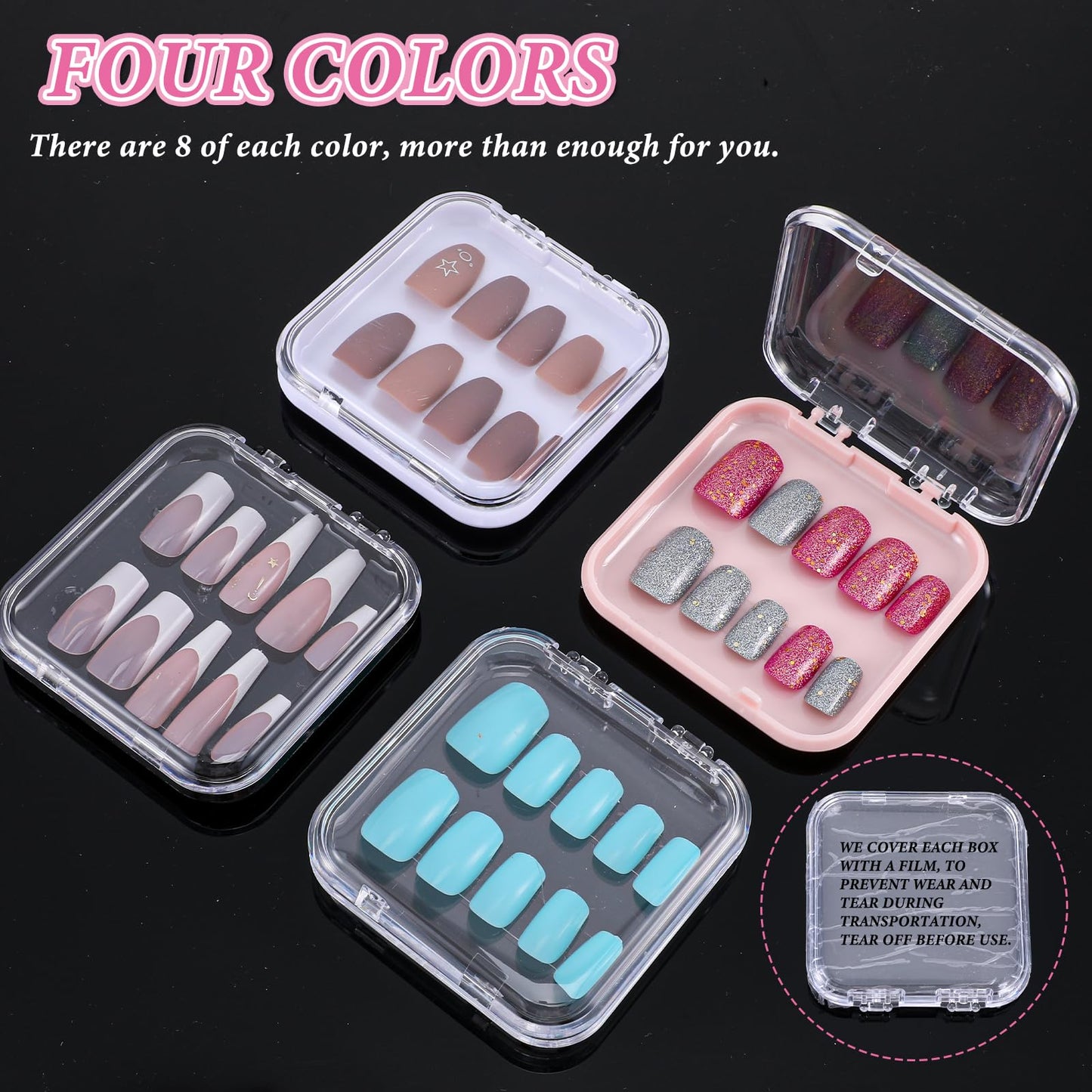 32 Pcs Press on Nail Boxes with 60pcs Double Sided Adhesive Tape, 4 Colors Press on Nail Packaging Boxes, Acrylic Press on Nail Storage Box, Nail Display Box, For Nail Business, Nail Art, Nail Salon