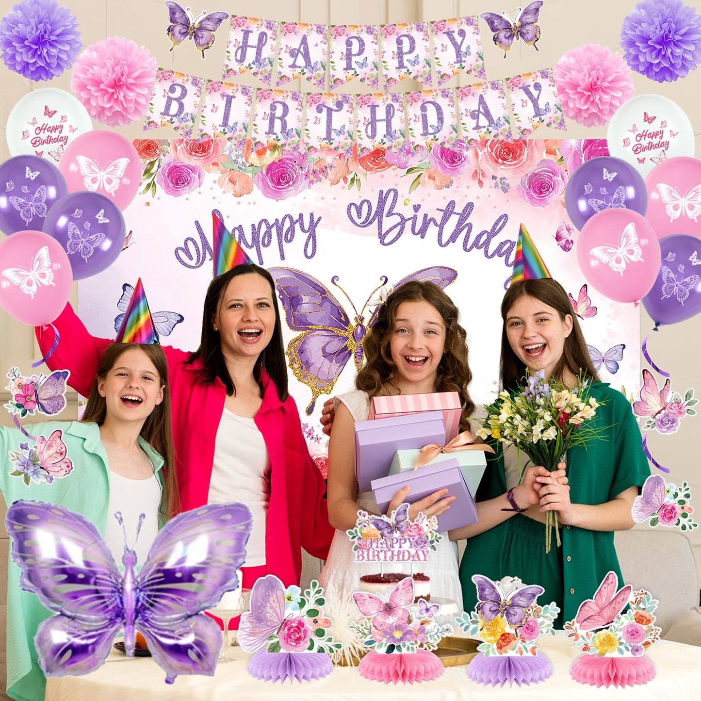 Roetyce Butterfly Decorations, 37PCS Happy Birthday Banner Balloons Honeycomb Centerpieces Cake Topper Kit, Purple and Pink Party Decorations