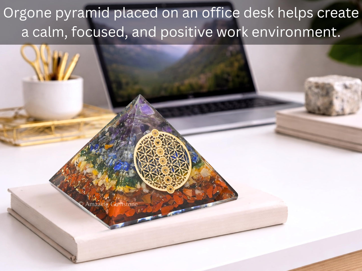 Amazing Gemstone Large Orgone Pyramid | Natural Chakra Pyramid Crystal | Chakra Flower of Life Orgonite Pyramid | Organ Pyramids Positive Energy Healing