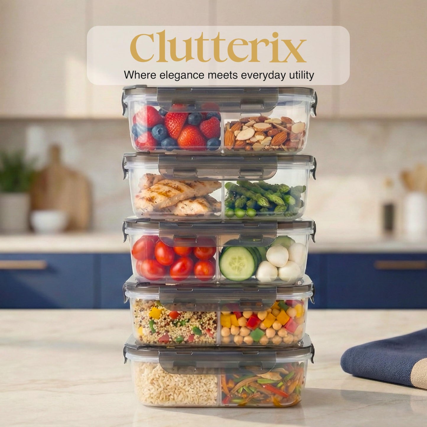 Clutterix Compartmentalized Plastic Airtight Food Storage Containers with Vented Lids, 3-Compartment Design, BPA-Free, 5-Pack (5.5 Cups Each) for Meal Prep and Portion Control