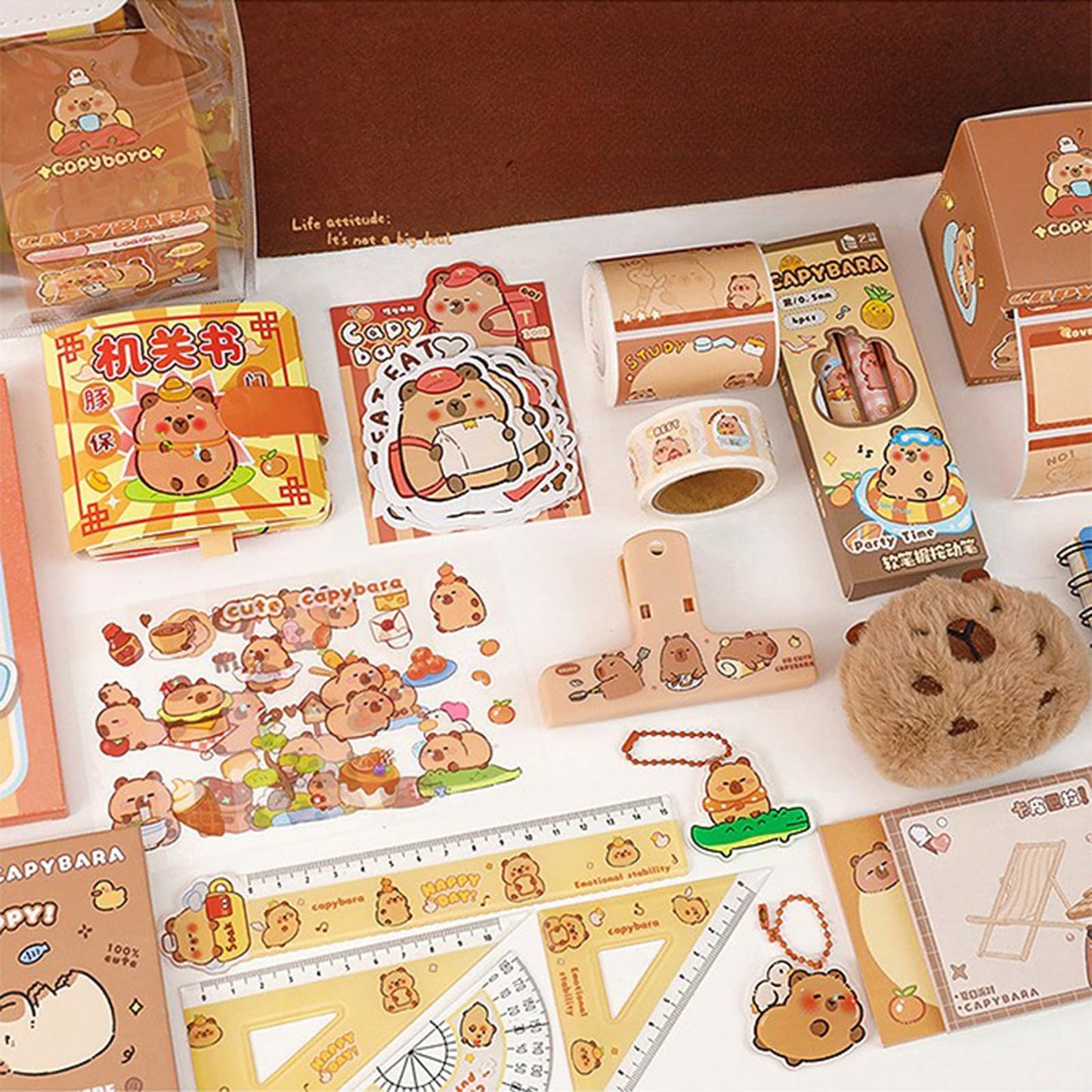 ERANC Capybara Stationery Set for Girls – Cute School Supplies Gift Bundle with Pencils, Notebook, Triangle Ruler, Stickers, Notepad, and Keychain Charm – Nice Gift for Kids (127Pcs)