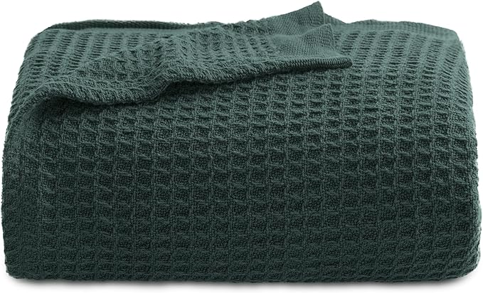 Bedsure 100% Cotton Blanket Twin XL Size for Bed - Breathable and Soft, Waffle Weave Blanket for Summer Spring, Dark Green, 66x90 inches