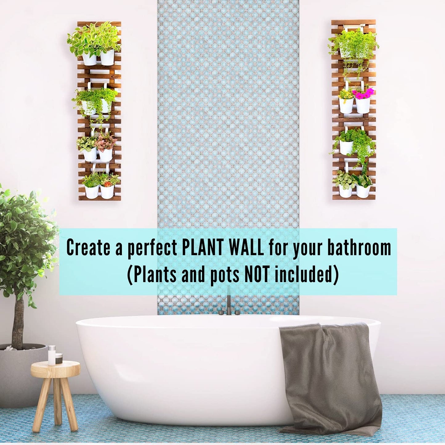 ShopLaLa Bundle - 2 Pack Wooden Wall Planter + 10 Pack, 4 Inch Self Watering Plastic Planters White Plant Holder, Modern Hydroponic Wall Pot Vertical System for Living Plant, Garden