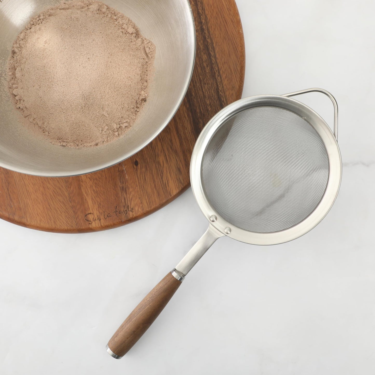 Sur La Table Kitchen Essential Walnut & Co. Stainless Steel W/Walnut Handle 5.5 Inch Mesh Strainer and Sifter