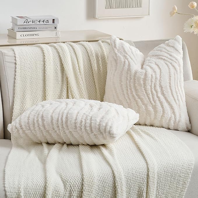 FUTEI White Decorative Throw Pillow Covers 26x26 Inch Set of 2,Soft Faux Fur Geometric Shapes Texture Euro Pillow Shams,Boho Home Decor for Couch Bed Living Room