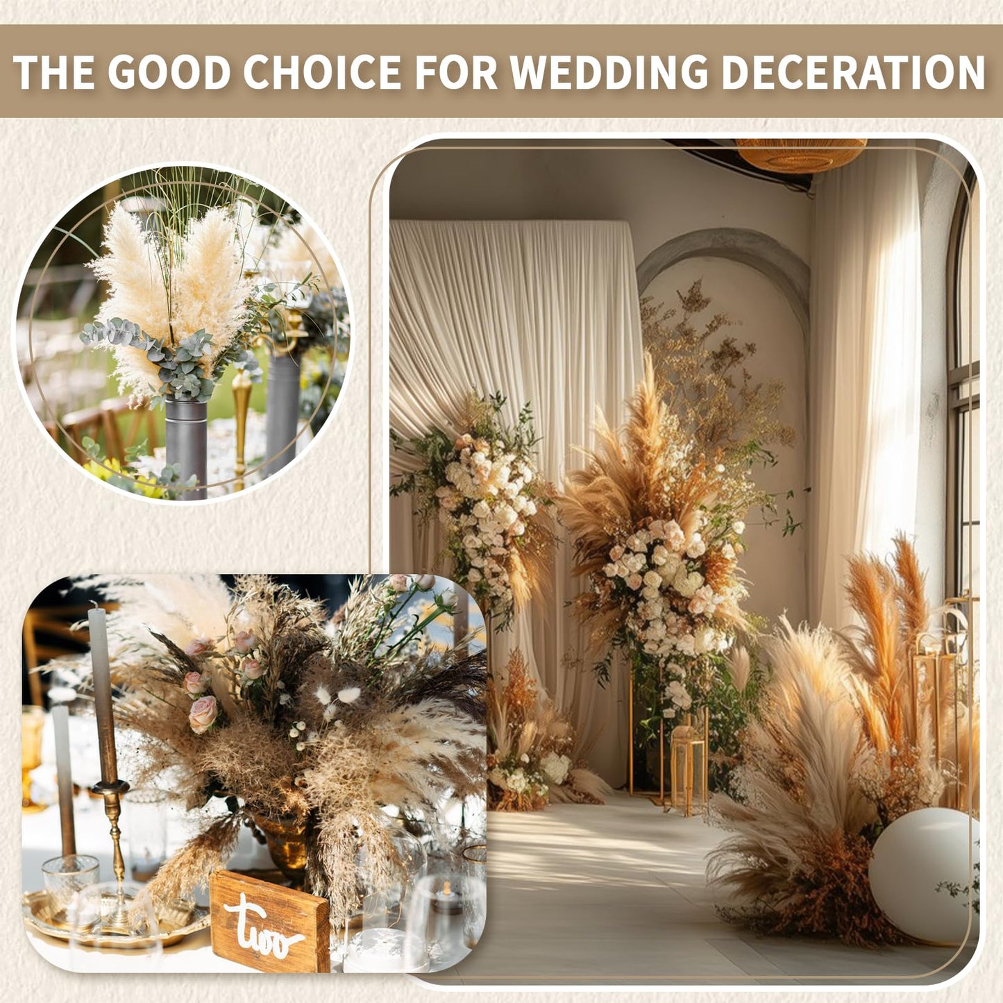 Le courant 17" 300Pcs Dried Pampas Grass Decor, Naturally Small Boho Pampas Grass with Bunny Tails & Reed Grass for Home Table Decor, Wedding, Rustic Farmhouse Party Decorations, White and Brown