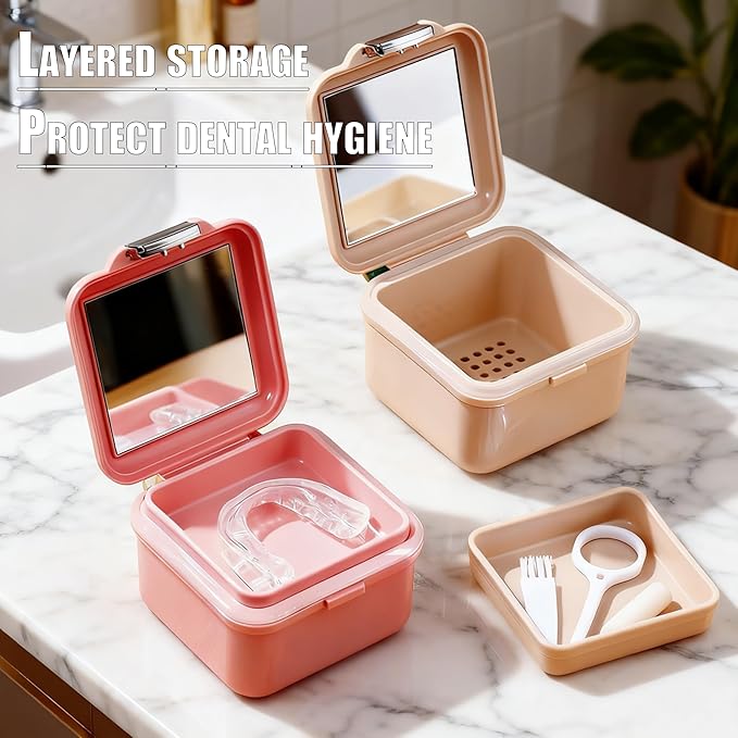 Denture Soaking Container Retainer Cleaner Case, Leak Proof Denture Bath Box with Strainer Basket, with Cleaning Brush Dentures Cup, with Mirror Waterproof Denture Holderfor Travel（beige）
