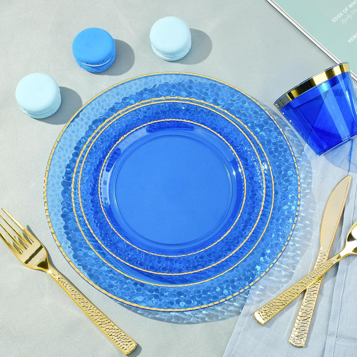 350PCS Clear Blue Plastic Plates for 50 Guests, Disposable Dinnerware Set for Party and Graduation, Includes 100 Plastic Plates, 50 Pre Rolled Napkins with Gold Silverware, 50 Cups