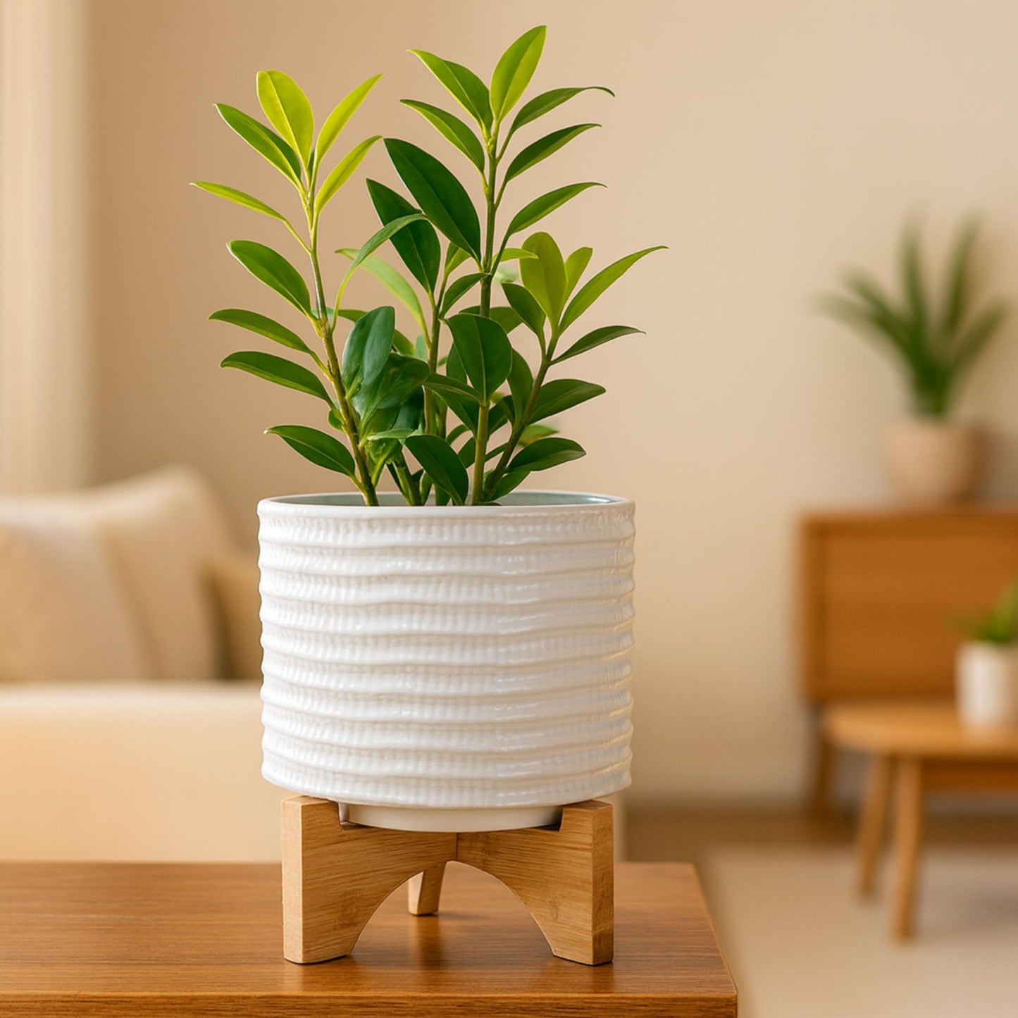 Ceramic Planter with Bamboo Stand – Modern Home Decor Indoor Plant Pot with Textured Stoneware Design – Decorative Planter with Legs for Living Room, Bedroom, Office, Patio, or Garden - 8", White