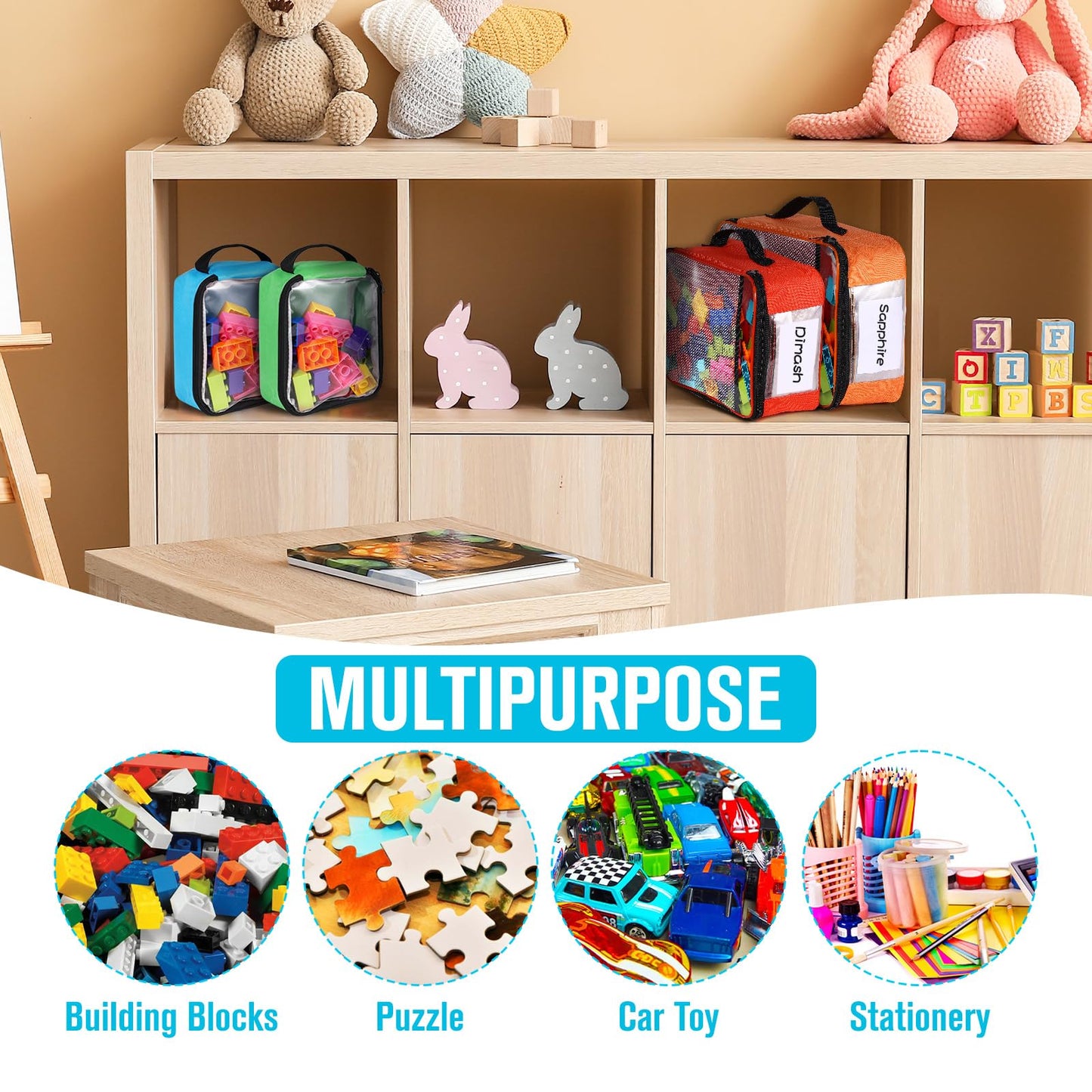 6 Pack Toy Storage Bags, Reusable Board Game Storage Bag with Visible Top, Label Slot, Manual Pocket&Handle, Travel Organizer Case for Bricks, Building Blocks, Puzzle, Car Toys, 3 Different Size